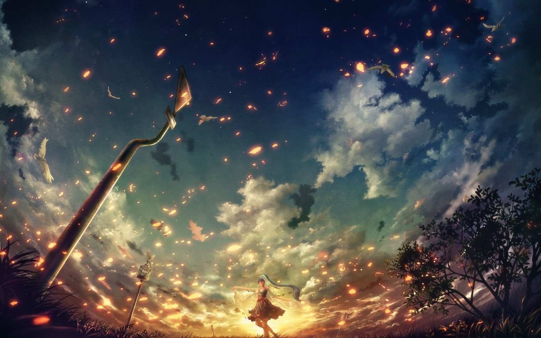 Anime Sunset Clouds Trees Warning Signs Hatsune Miku 1728x1080