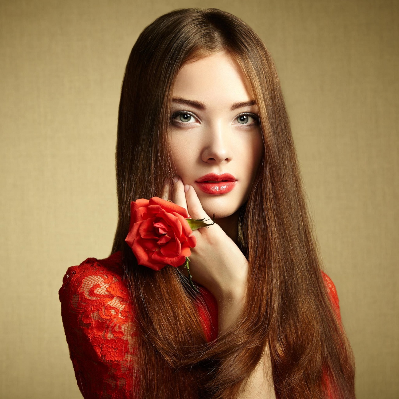 Brunette Women Model Red Lipstick Long Hair Straight Hair Irina Popova Rose 1300x1300