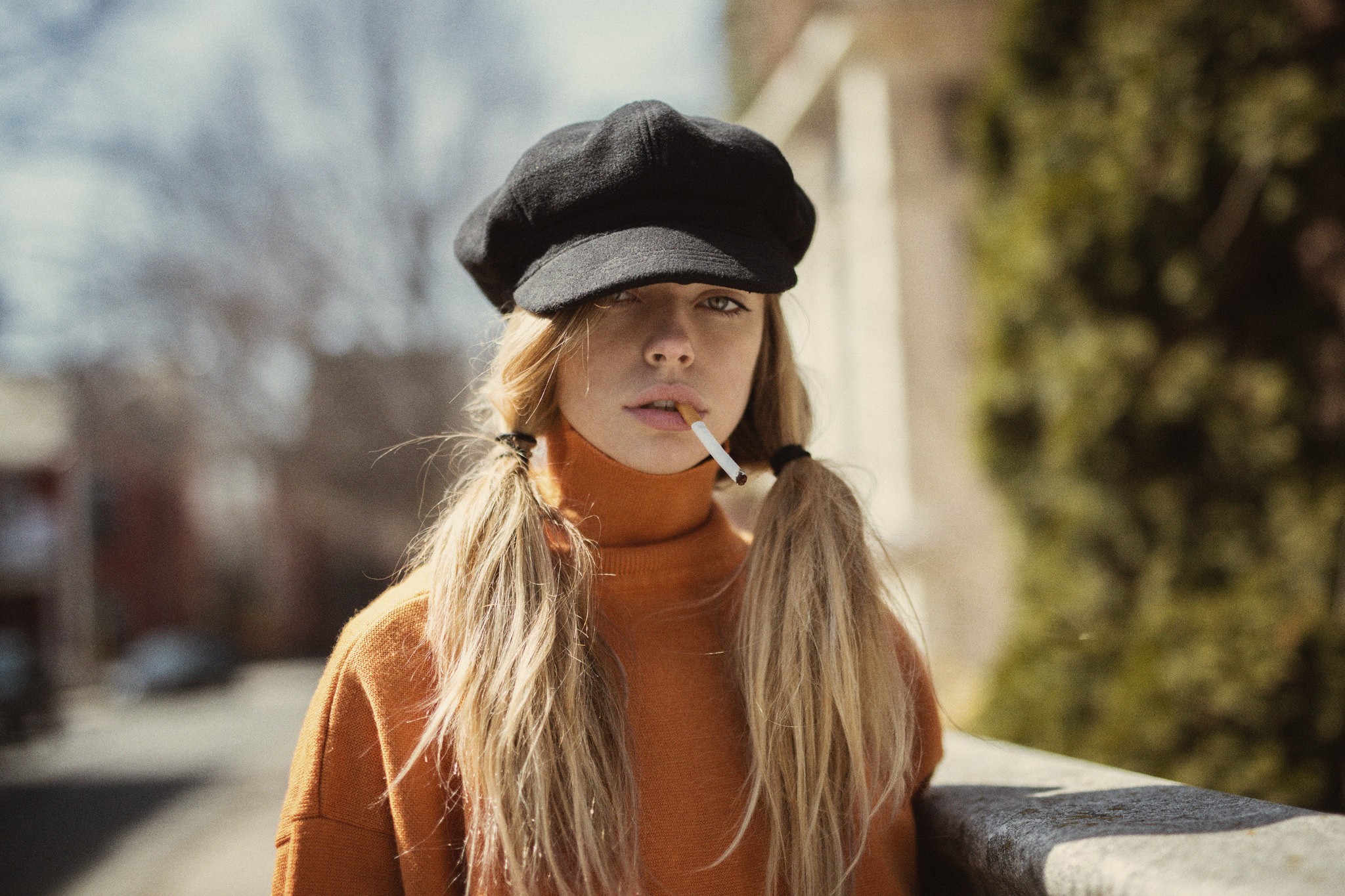 Women Model Blonde Pigtails Hat Sweater Looking At Viewer Street Cigarettes Smoking Marta Piekarz Je 2048x1365