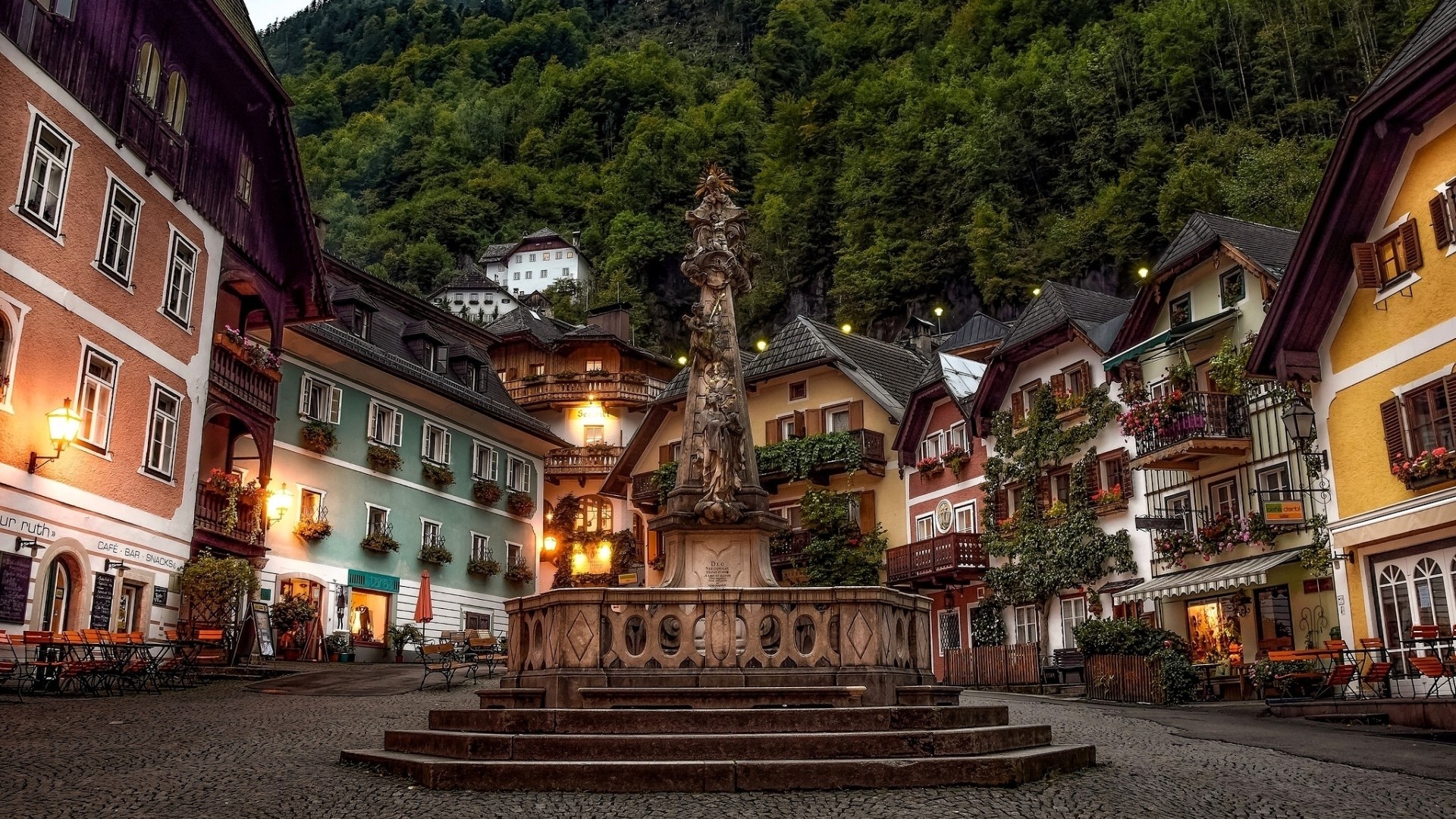 Architecture Building Old Building Town House Town Square Forest Hallstatt Austria Evening Lights Sc 1920x1080