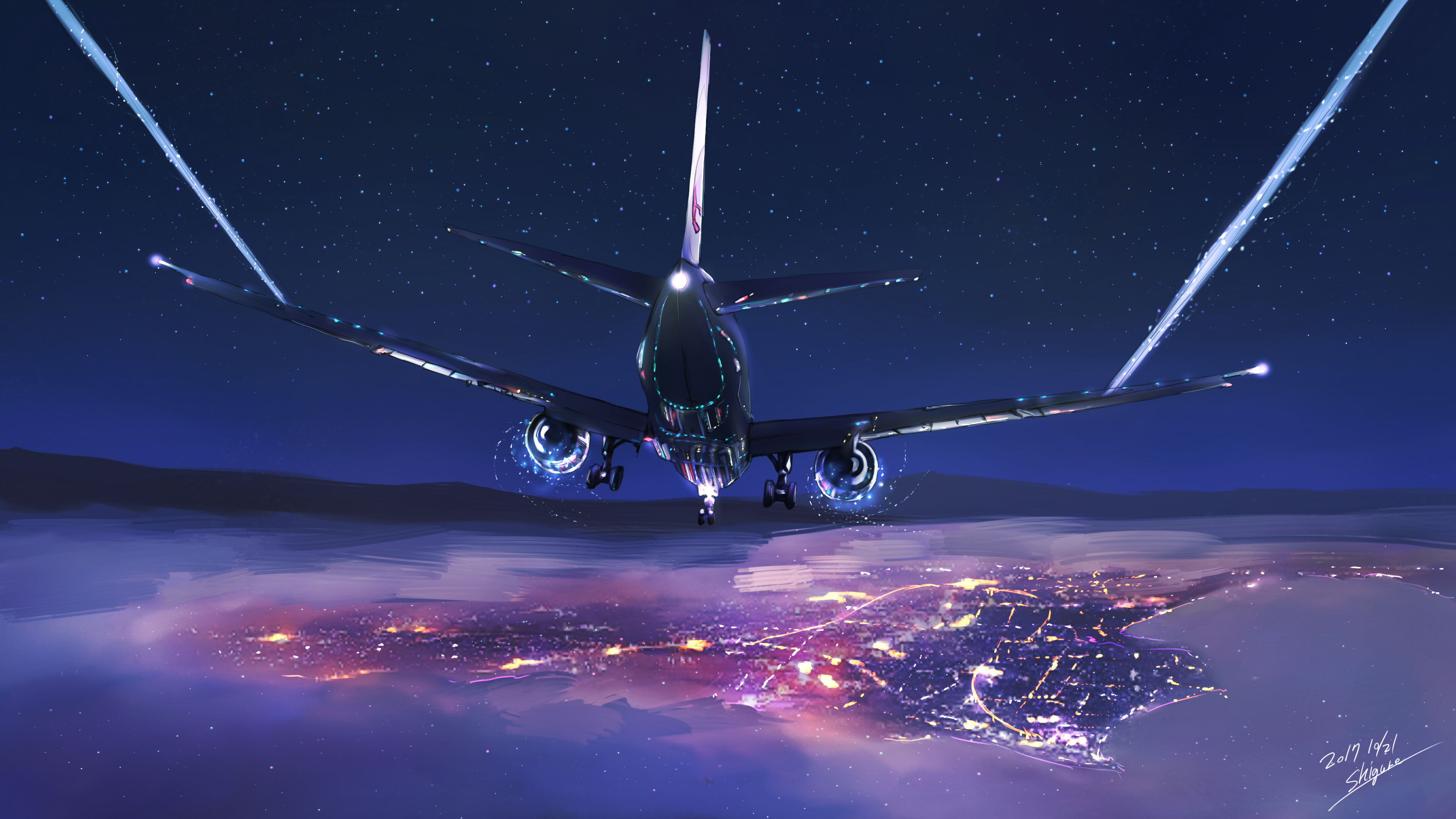 City Clouds Sky Mountains City Lights Stars Night Drawing Digital Art Airplane Airbus Airbus A350 3840x2160