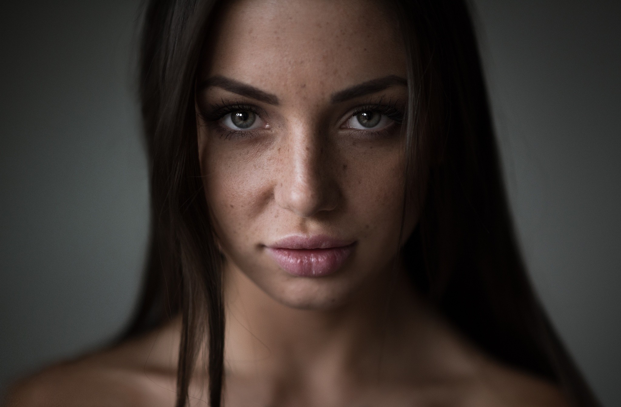 Women Face Portrait Simple Background Andrew Phirsov Brunette Freckles Clean Skin Looking At Viewer 2048x1344