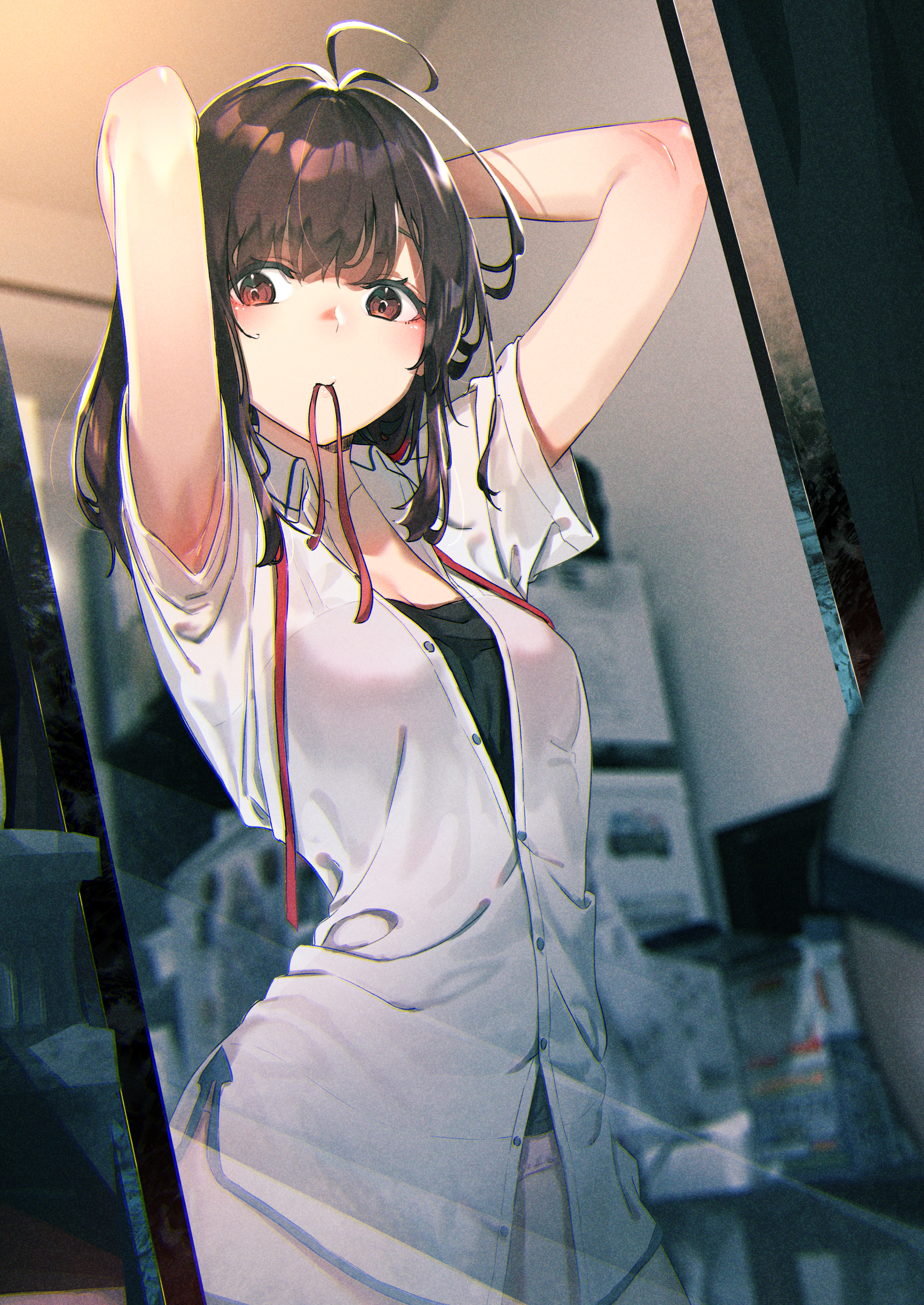 Anime Girls Original Characters Brunette Bangs Hands On Head Ribbon Shirt Mirror Reflection Artwork  2150x3035