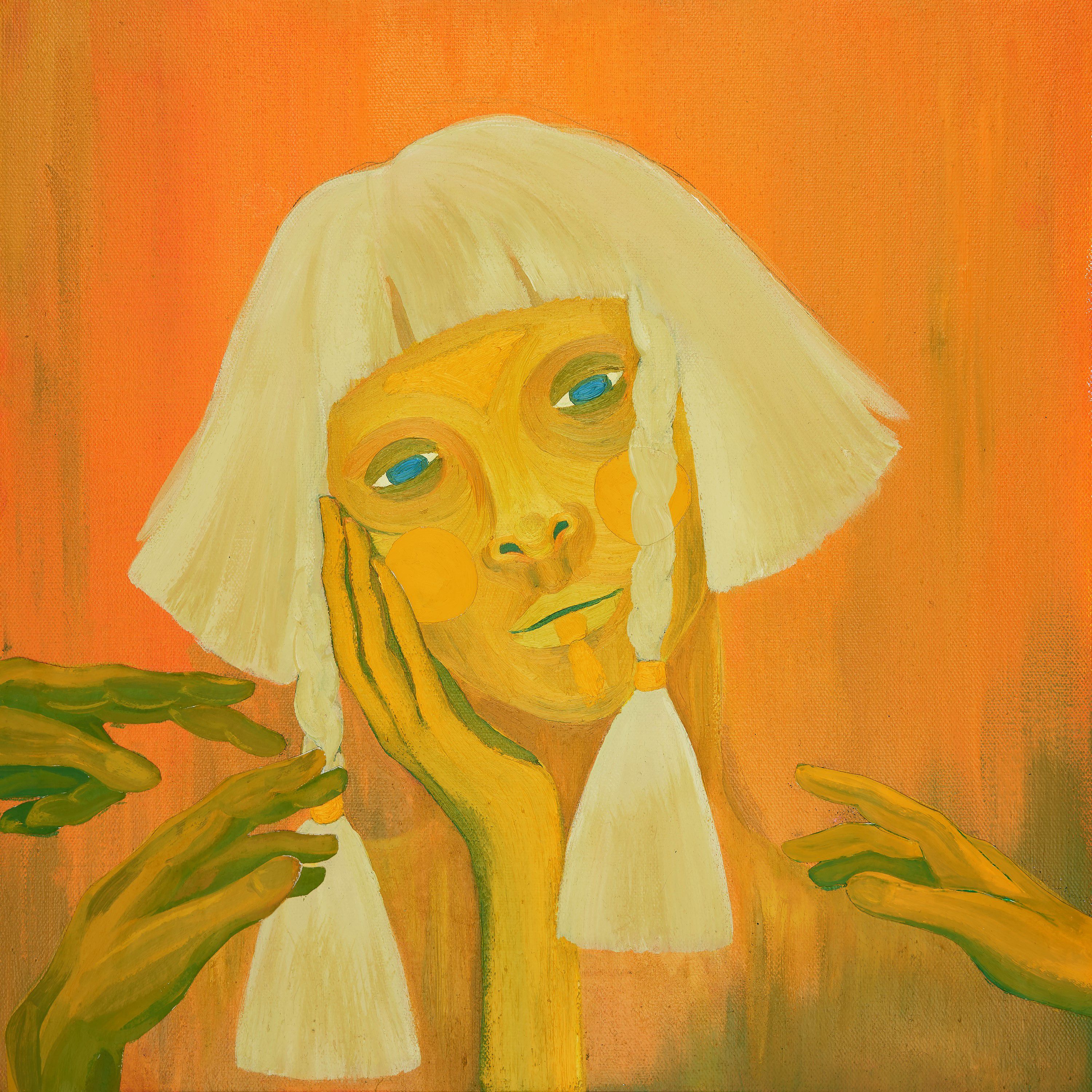 Aurora Aksnes Music Artwork Blonde Orange Background Face Blue Eyes Portrait Women Hands 3000x3000