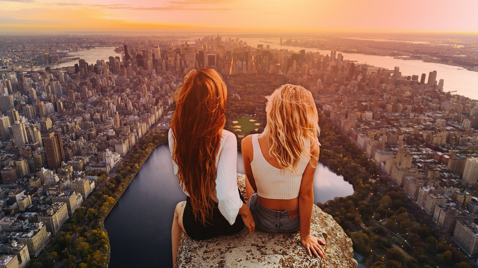 Sunset Blonde Long Hair City Photo Manipulation New York City Central Park Women Redhead Women Outdo 1920x1080