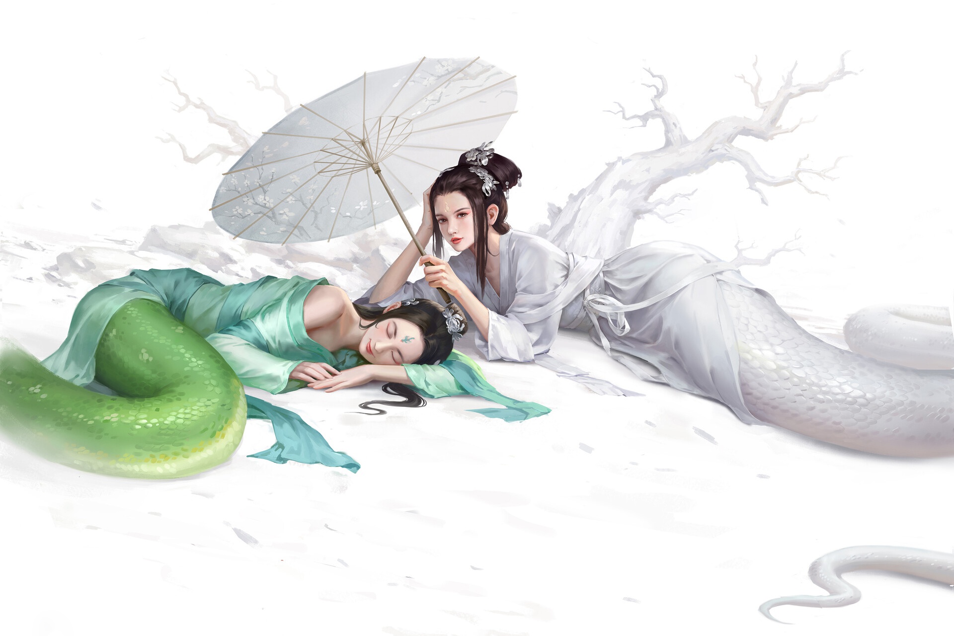 Asian Fantasy Art Creature Umbrella Fantasy Girl Lamia Lady White Snake Madame White Snake Legend Of 1920x1280