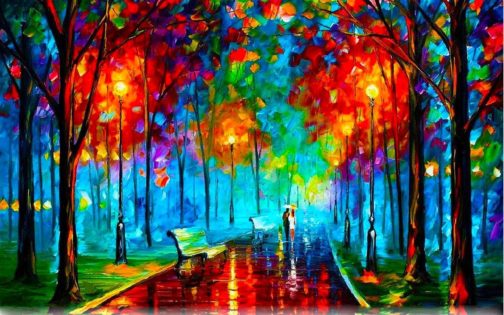 Leonid Afremov Painting Bench Fall Colorful Path Park 1680x1050