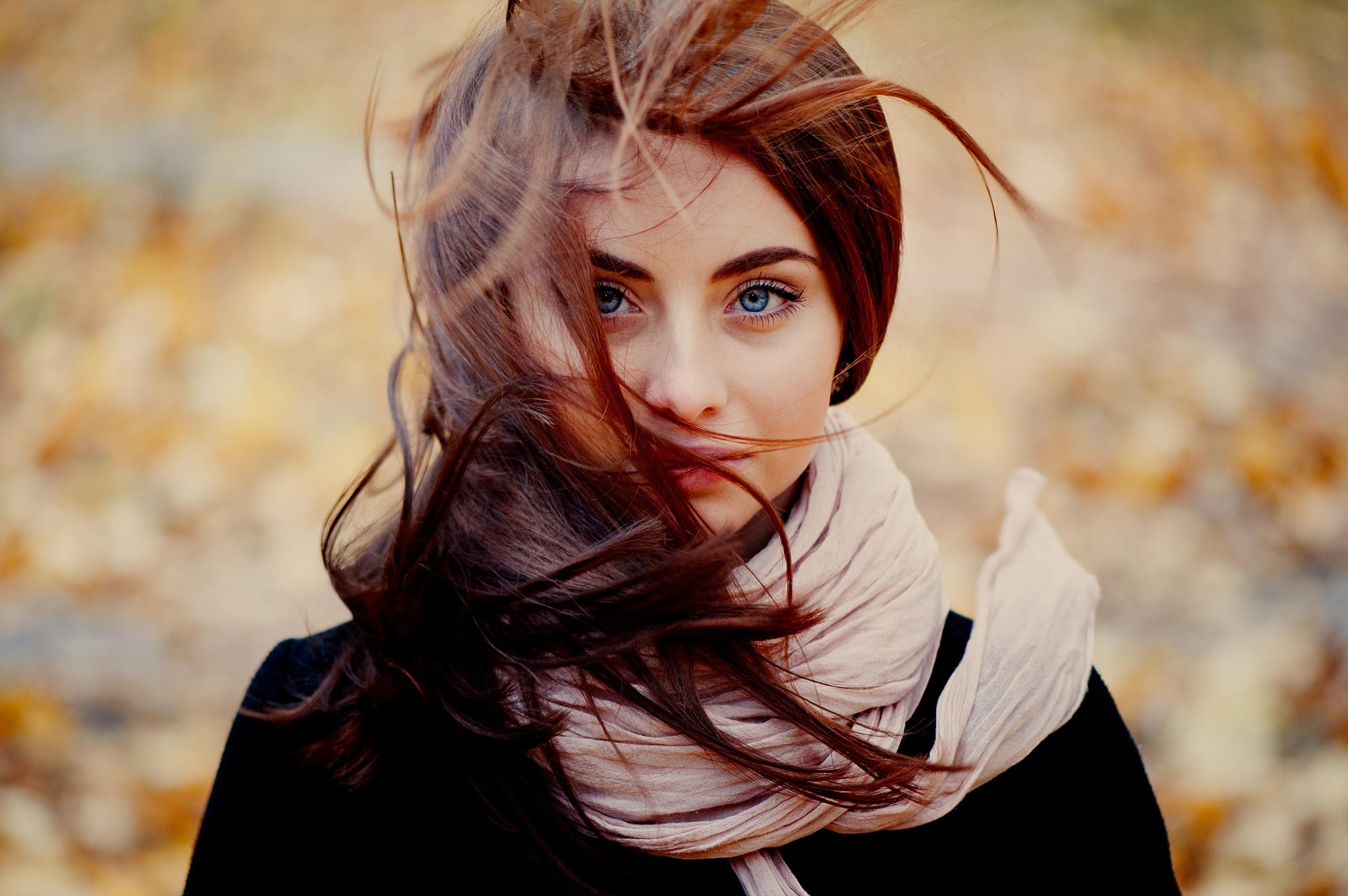 Women Redhead Blue Eyes Long Hair Hair In Face Face Windy Black Coat Ann Nevreva Natalya 2048x1362