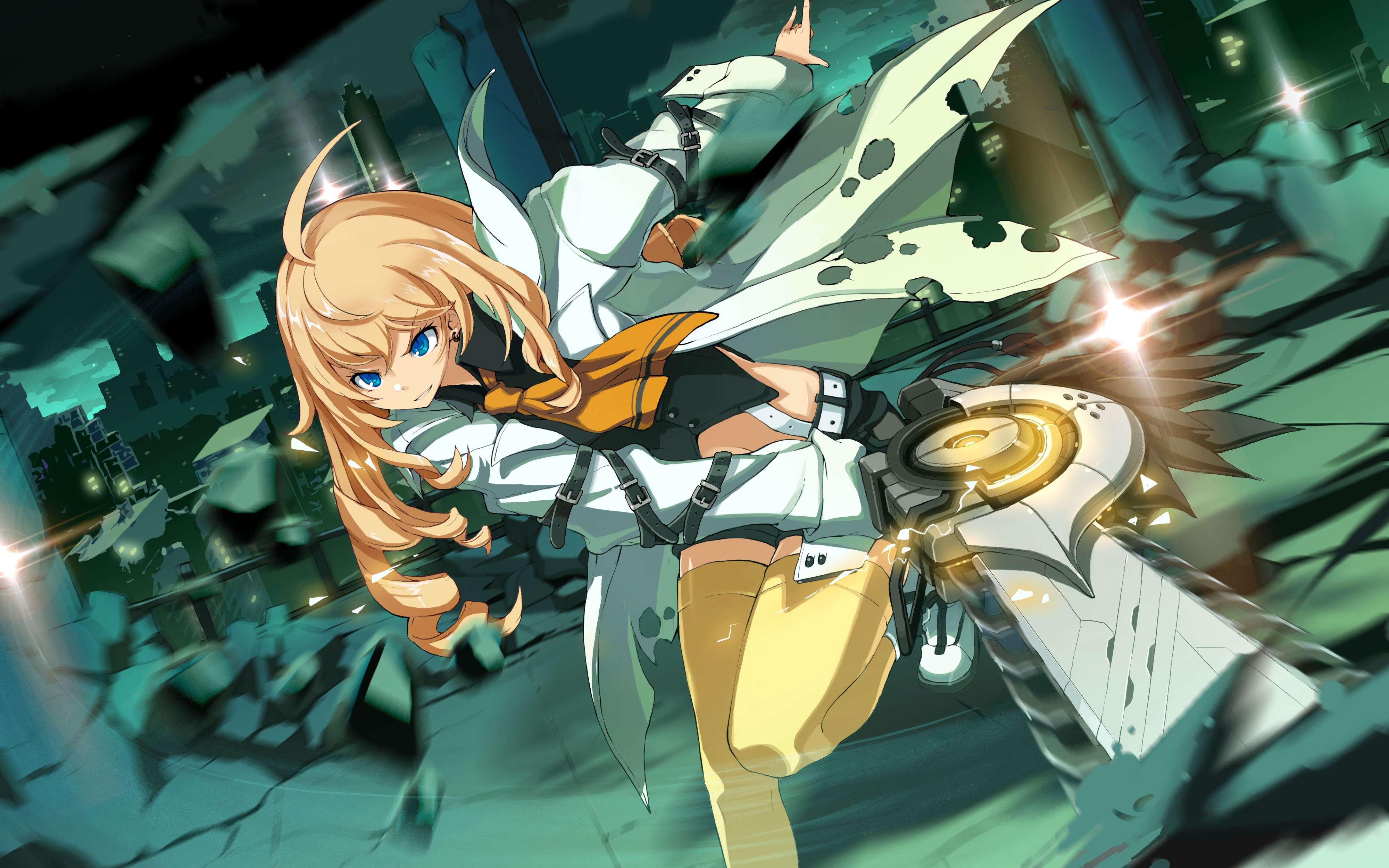 Soul Worker Weapon Anime Girls Sword Long Hair Ruins City Blonde Shorts Thigh Highs Coats Belt Ahoge 4000x2500