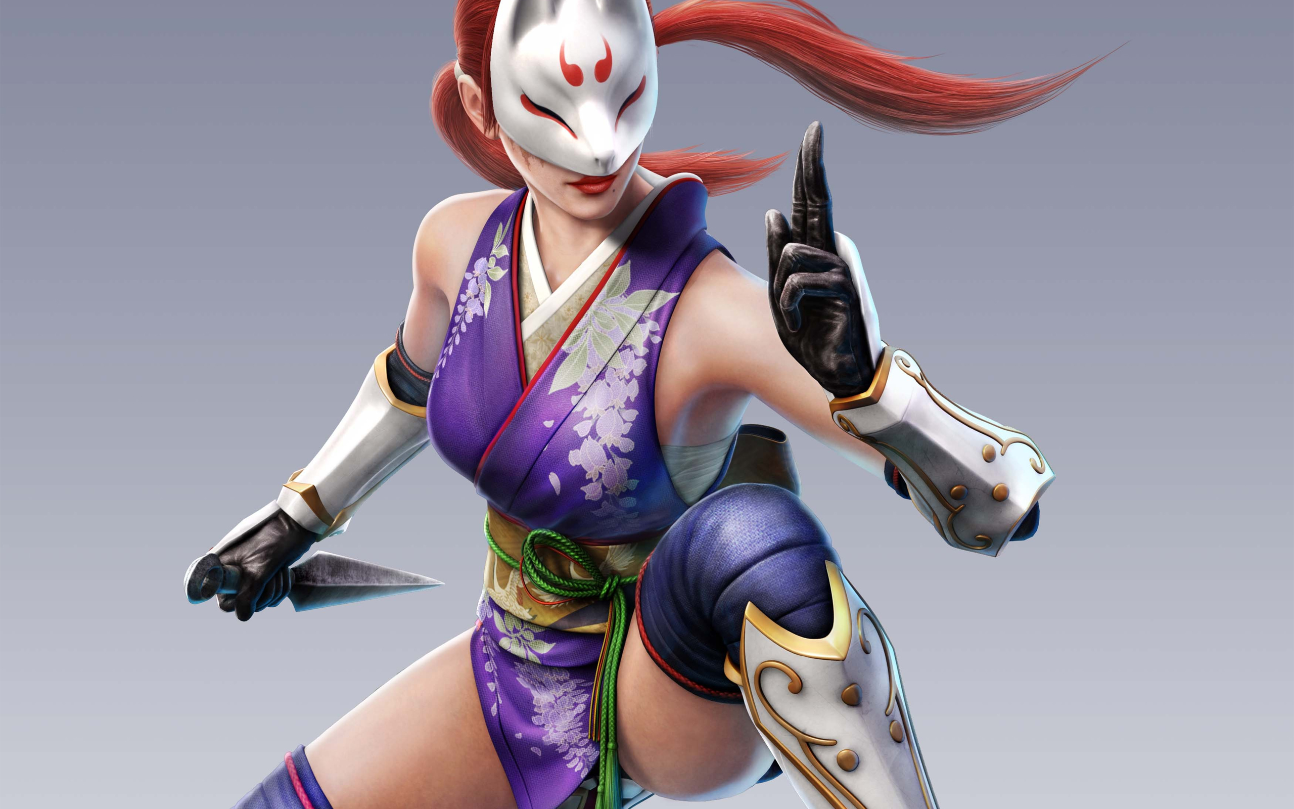 Woman Weapon Kimono Glove Long Hair Red Hair Mask Thigh Highs Belt Kunimitsu Tekken 2560x1600