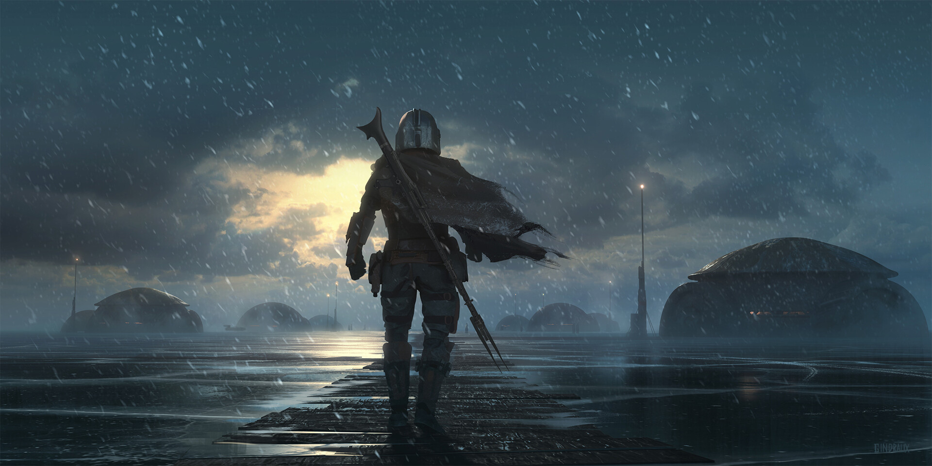 The Mandalorian The Mandalorian Character Star Wars Ice Clouds Snow Flakes Snow Digital Art Artwork 1920x960