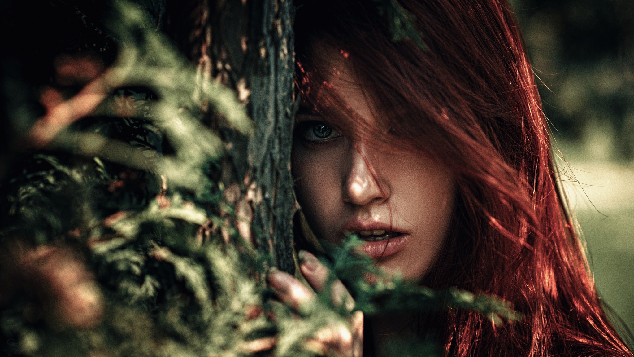 Women Redhead Face Closeup Portrait Blue Eyes Women Outdoors Hair In Face Bark Open Mouth Trees Dept 2048x1152