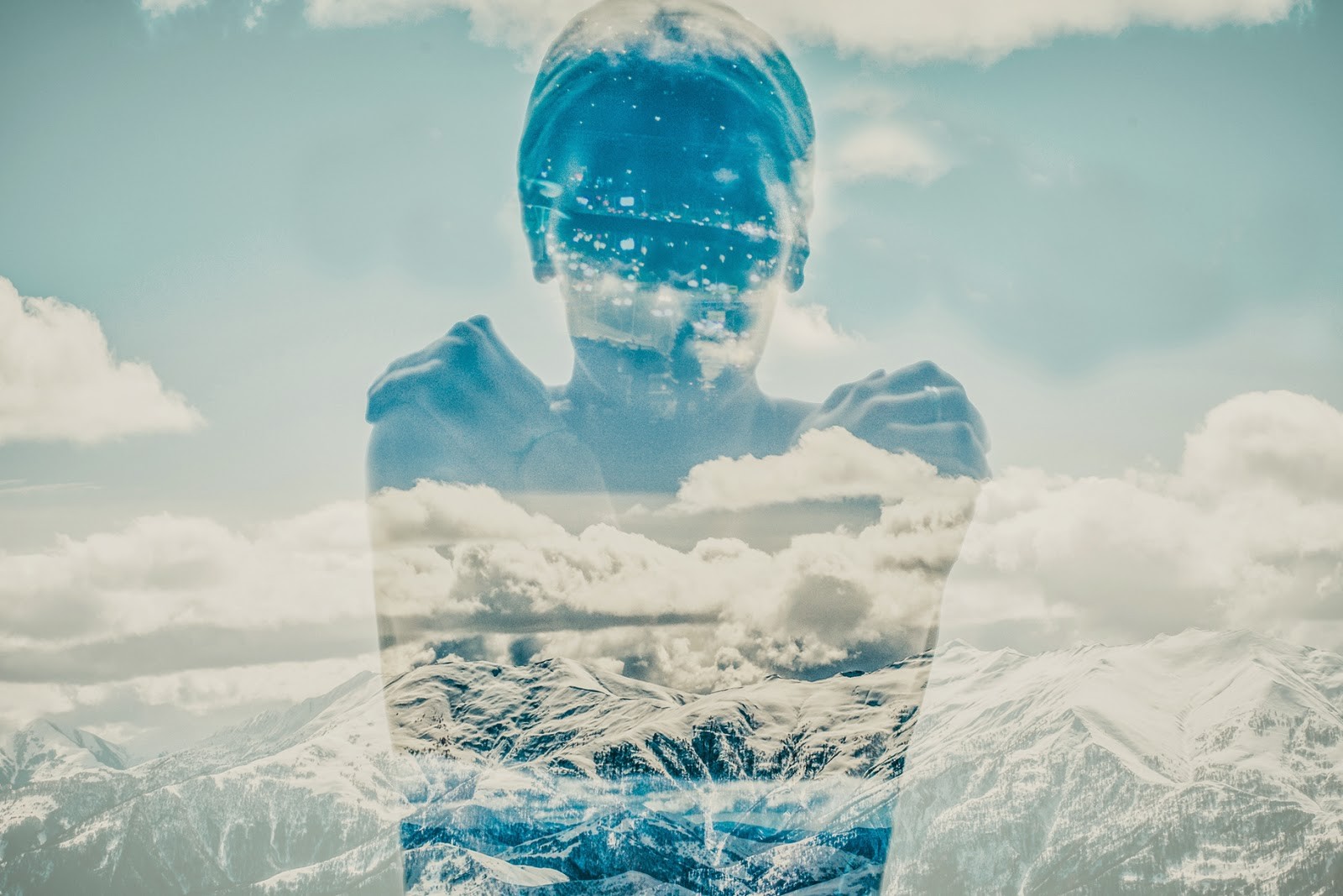 Women Double Exposure Mountains Photo Manipulation Cyan Clouds 1600x1067