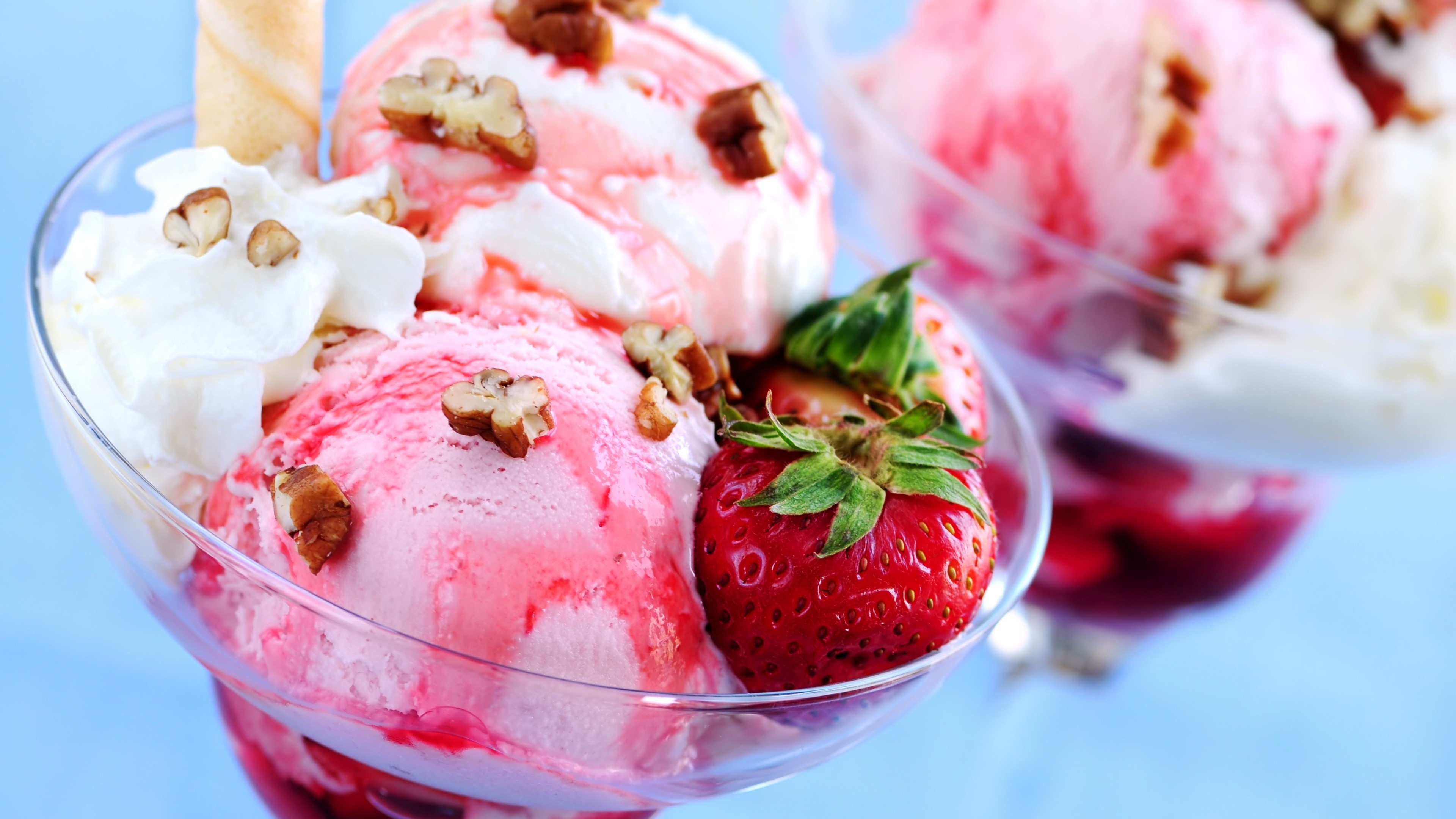 Food Ice Cream Strawberries Dessert Sweets Red Berries Red Pink Macro 3840x2160