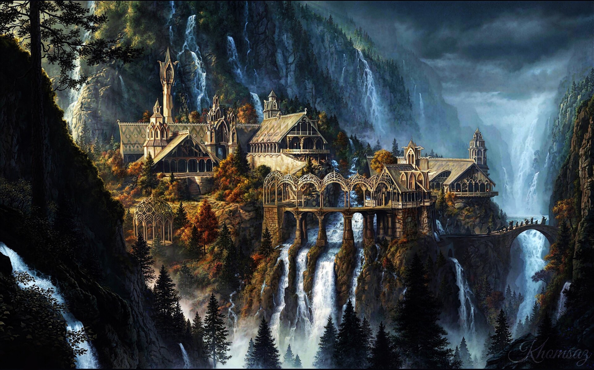 Rivendell The Lord Of The Rings Fantasy Art Waterfall Artwork 1920x1196