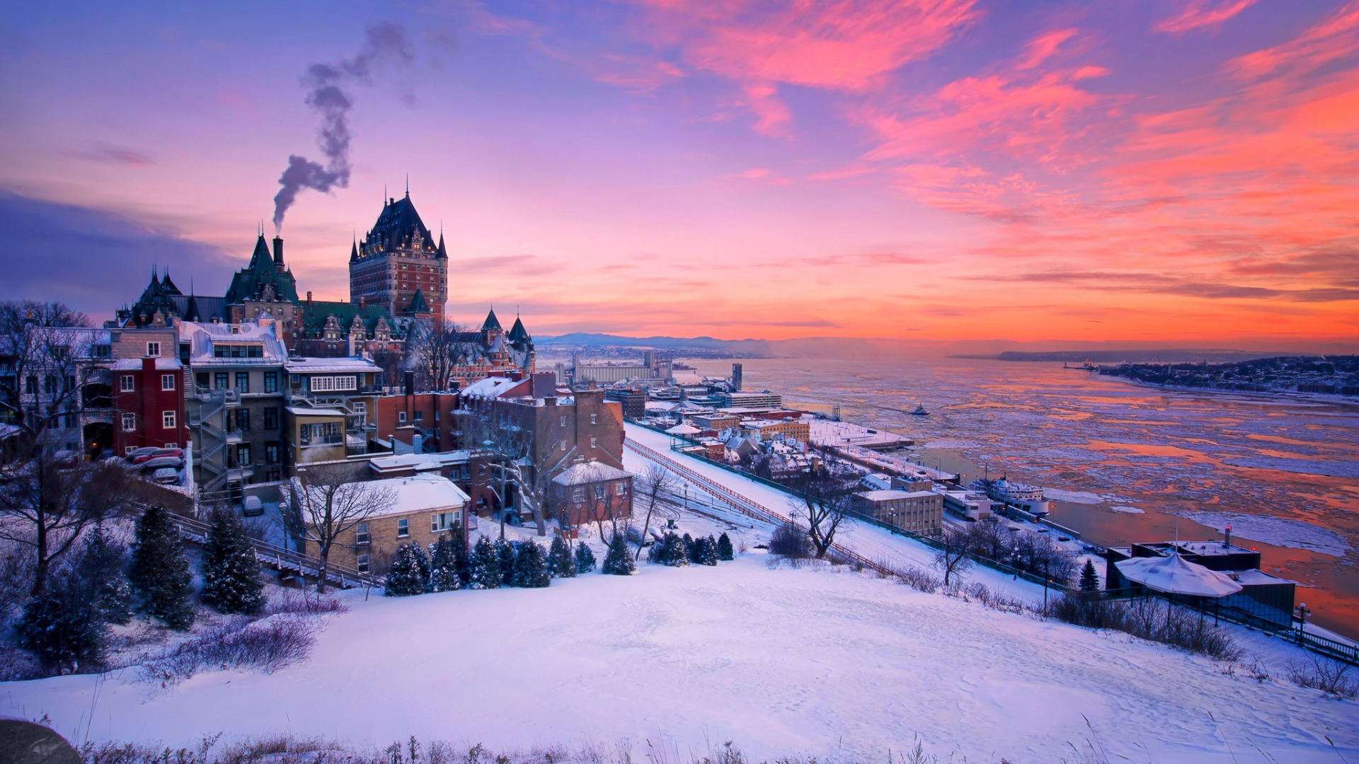 Architecture Building Quebec Canada Sunset Evening Winter Snow River Smoke Tower Hill Cityscape Ice  1920x1080
