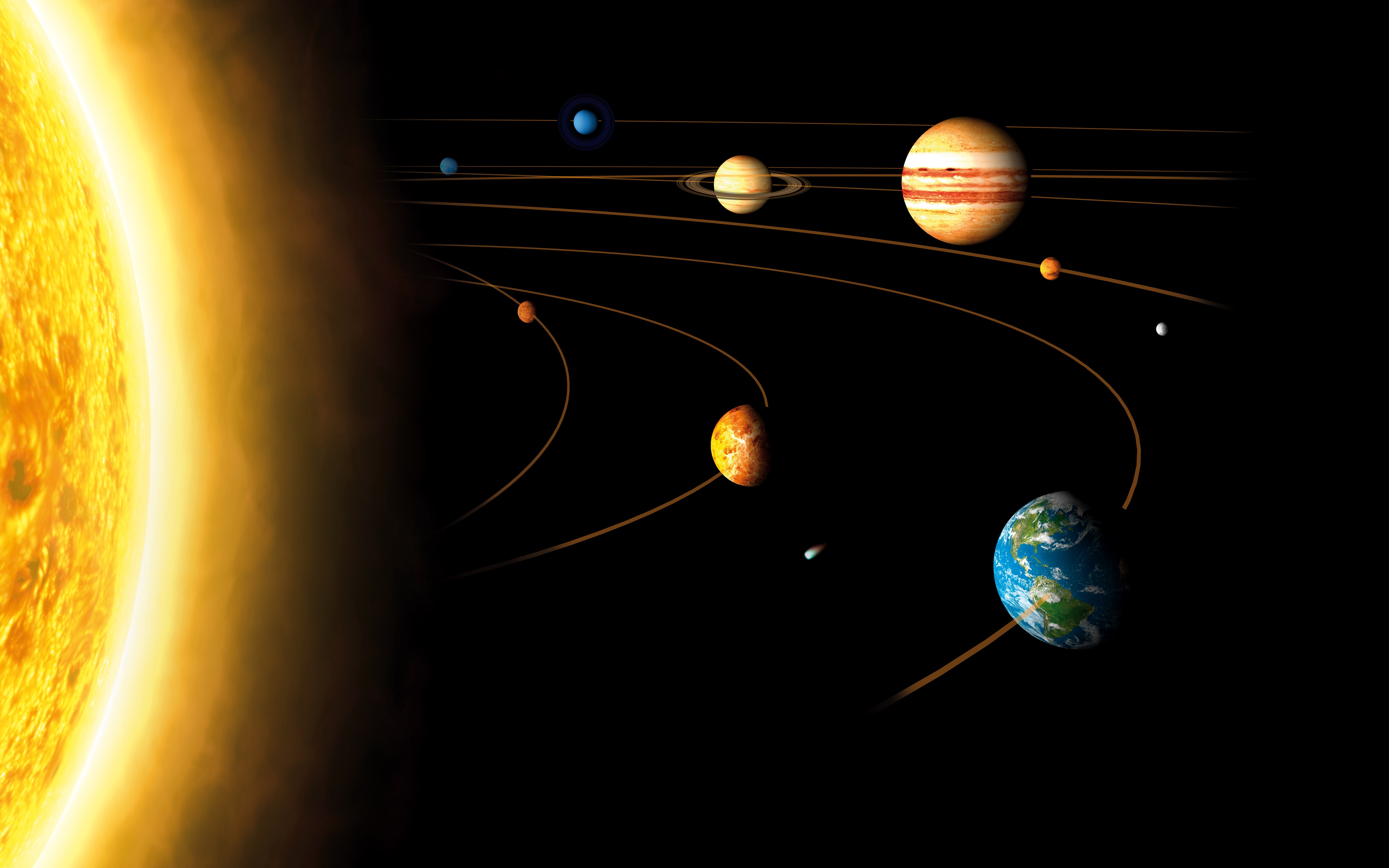 Space Solar System Planet Sun Mercury Venus Earth Mars Jupiter Saturn Uranus Neptune Orbits 5120x3200