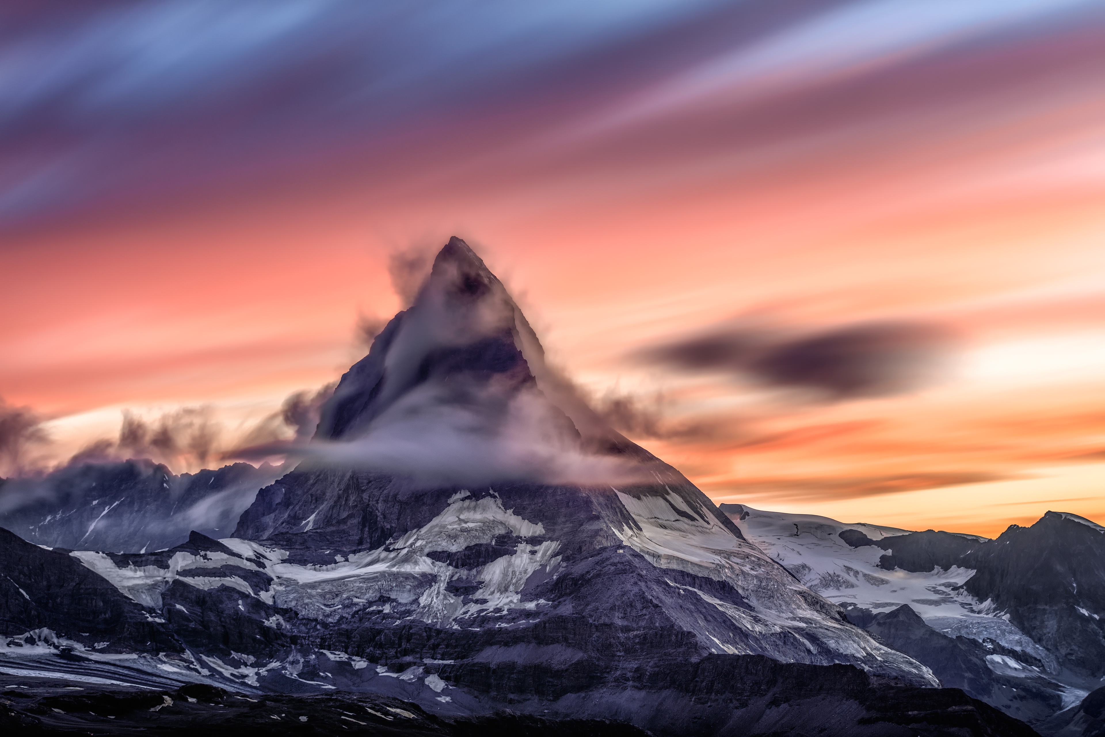 Nature Snow Mountains Long Exposure Sunset Clouds Matterhorn Switzerland Swiss Alps Landscape Summit 3840x2560