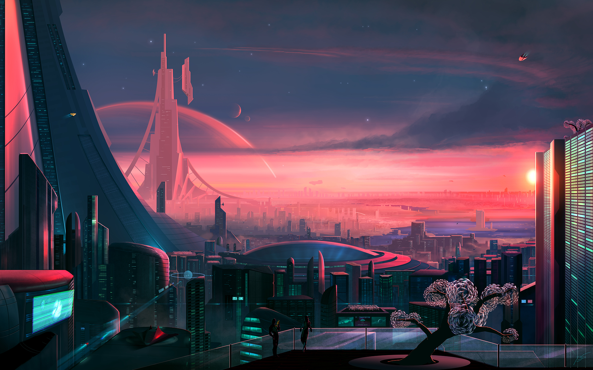 Space Art Futuristic City Science Fiction JoeyJazz Red Sky 2048x1280