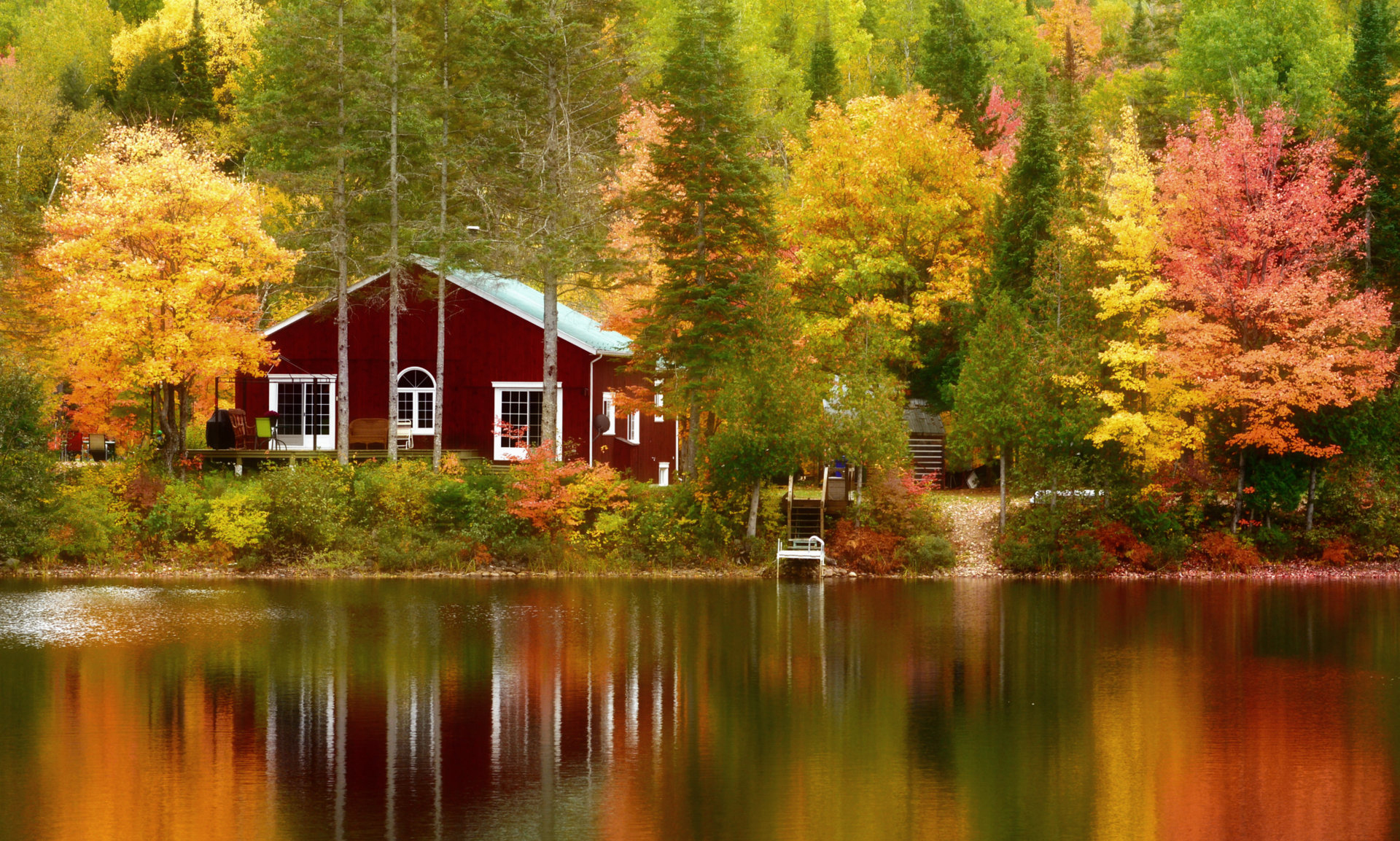 House Quebec Canada Reflection Fall Foliage Tree 1920x1153