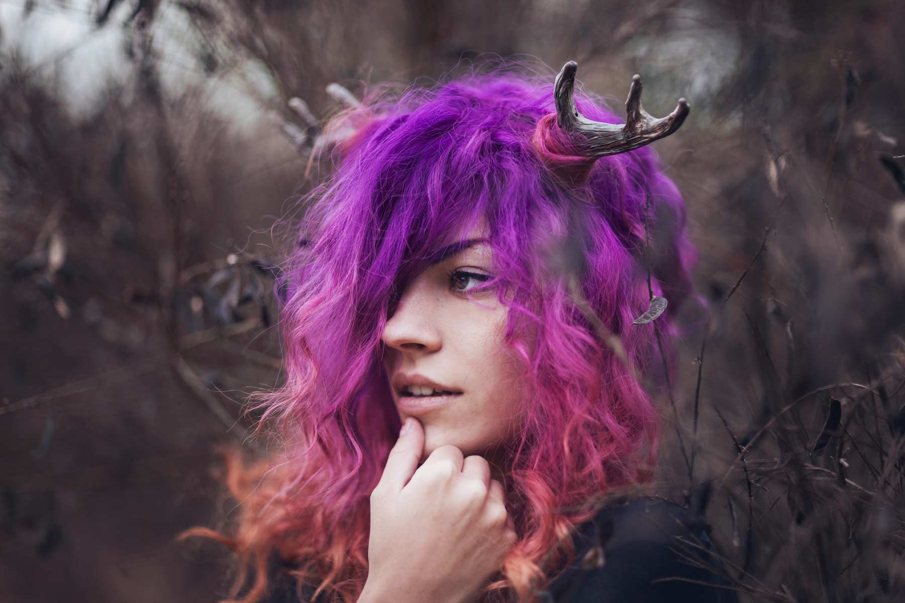 Women Ruby James Dyed Hair Multicolored Hair Purple Hair Pink Hair Stags Horns Antlers Looking Away  1800x1200