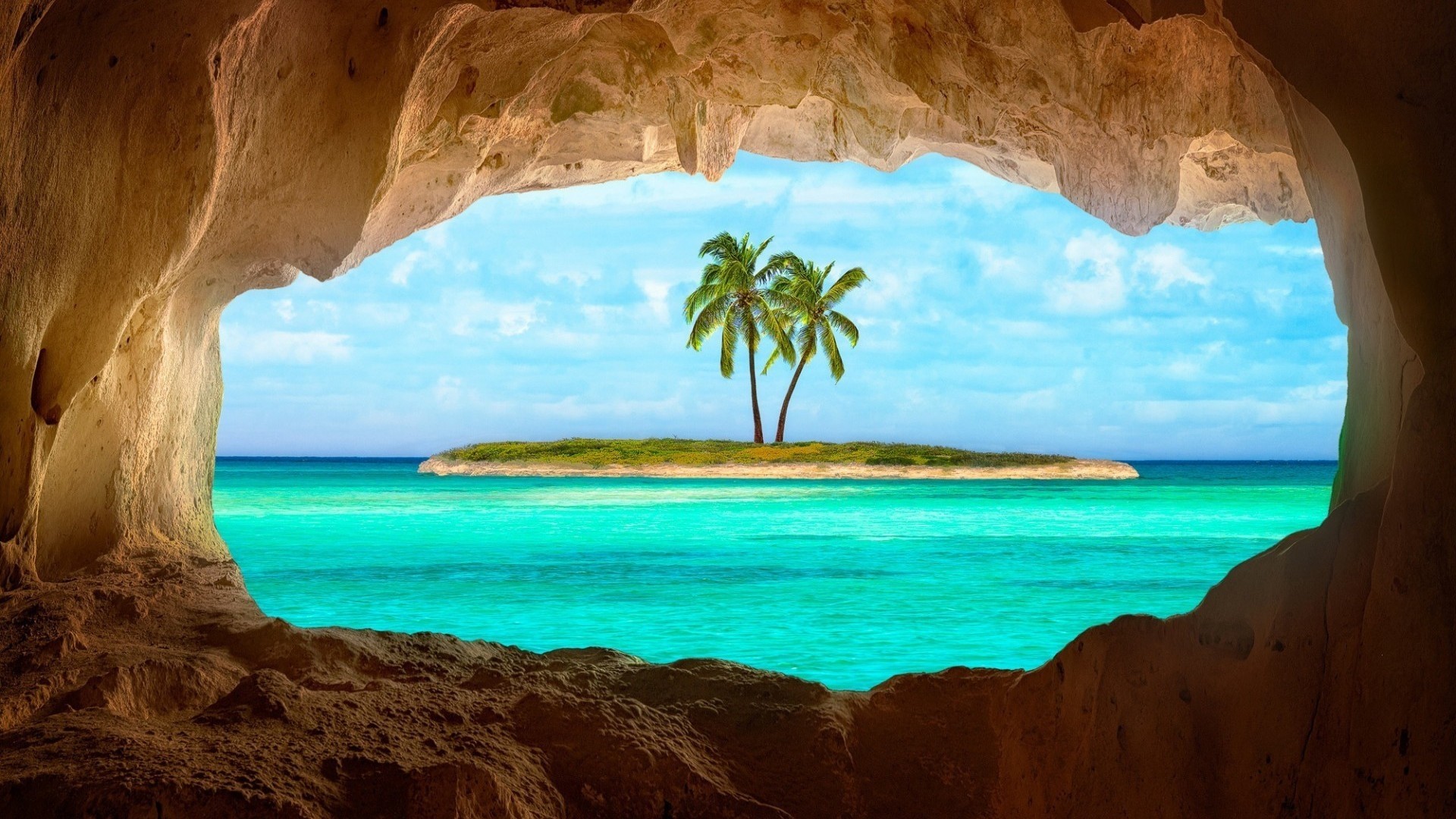 Island Caribbean Cave Palm Trees Sea Turquoise Rock Horizon 1920x1080