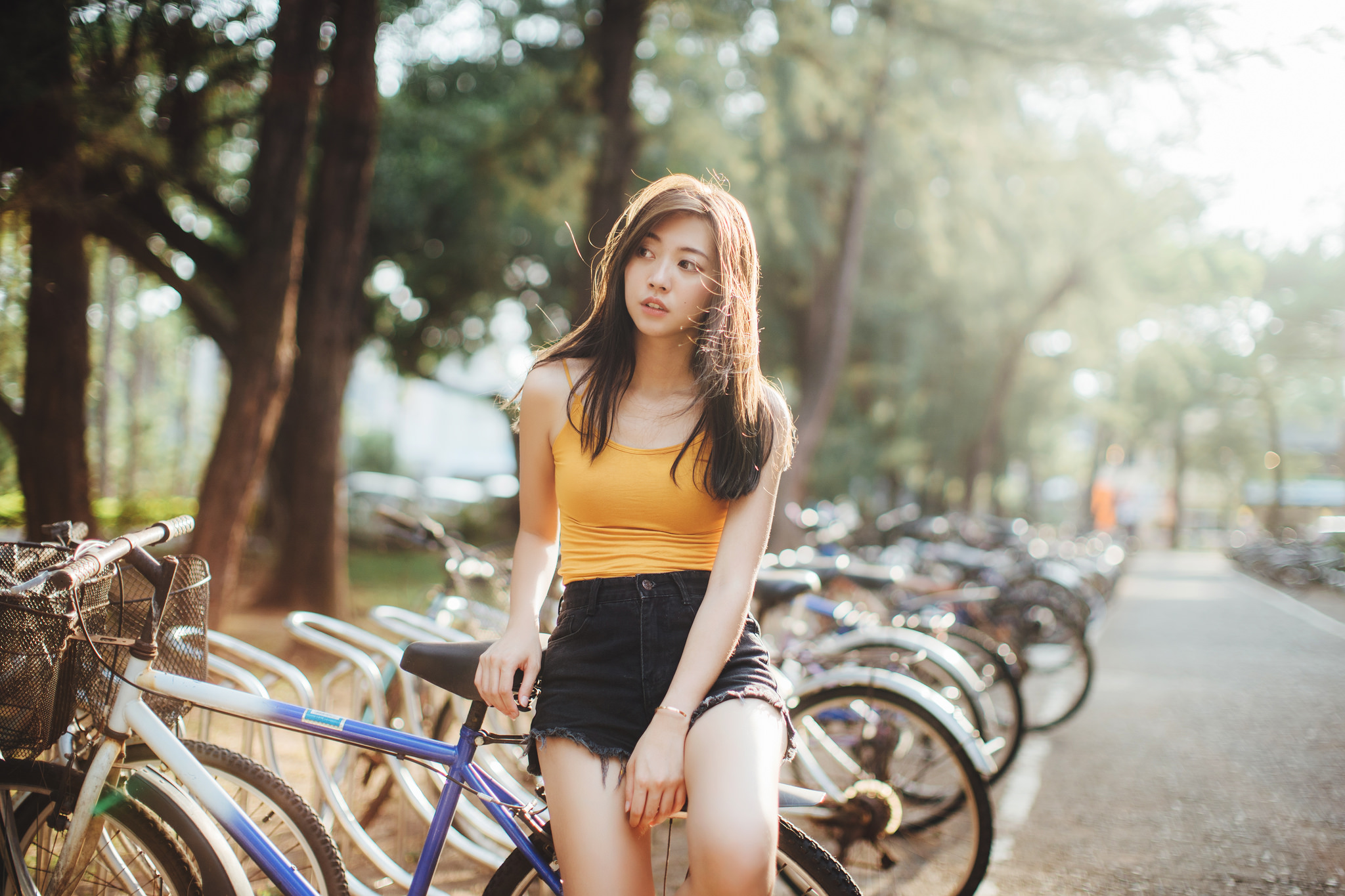 Asian Women Brunette Long Hair Yellow Tops Tank Top Looking Away Urban Women With Bicycles 2048x1365