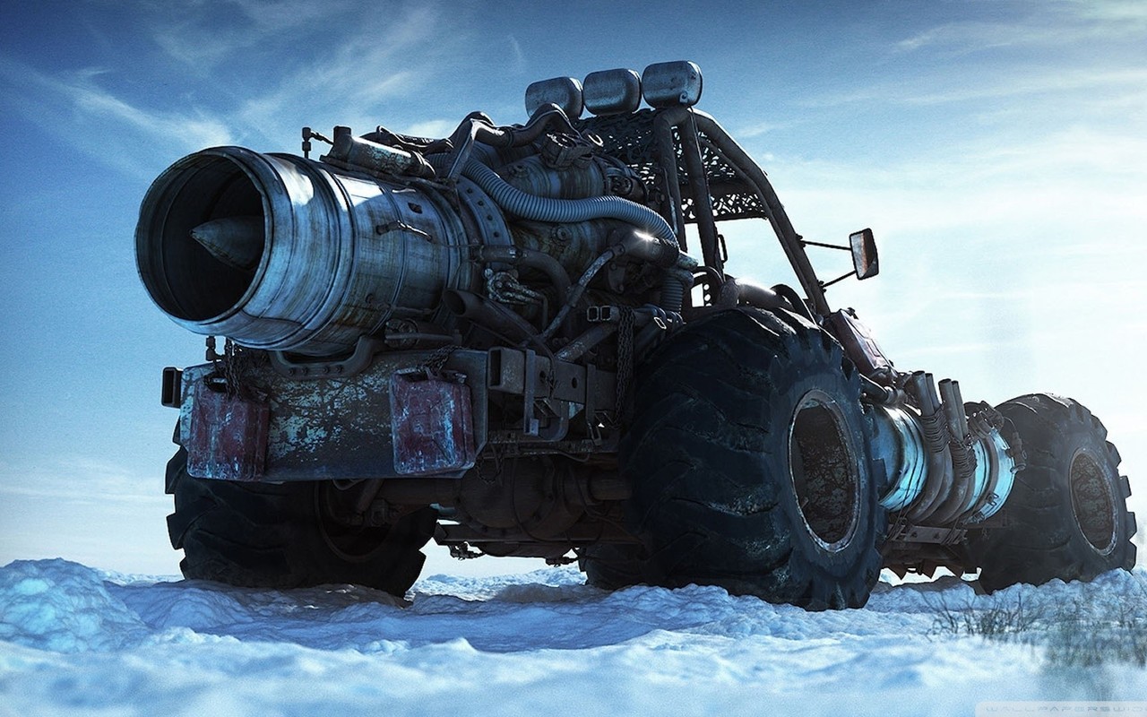 Vehicle Buggy Monster Trucks Turbine Engines Pipes Nature Snow Digital Art Clouds Blue Low Angle 1280x800