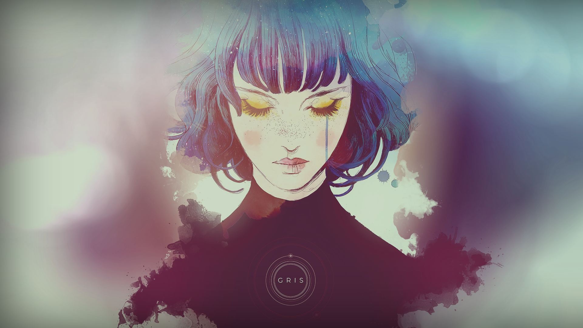 Video Games Women Watercolor Minimalism Crying Indie Games Fantasy Girl Closed Eyes Face Blue Hair G 1920x1080