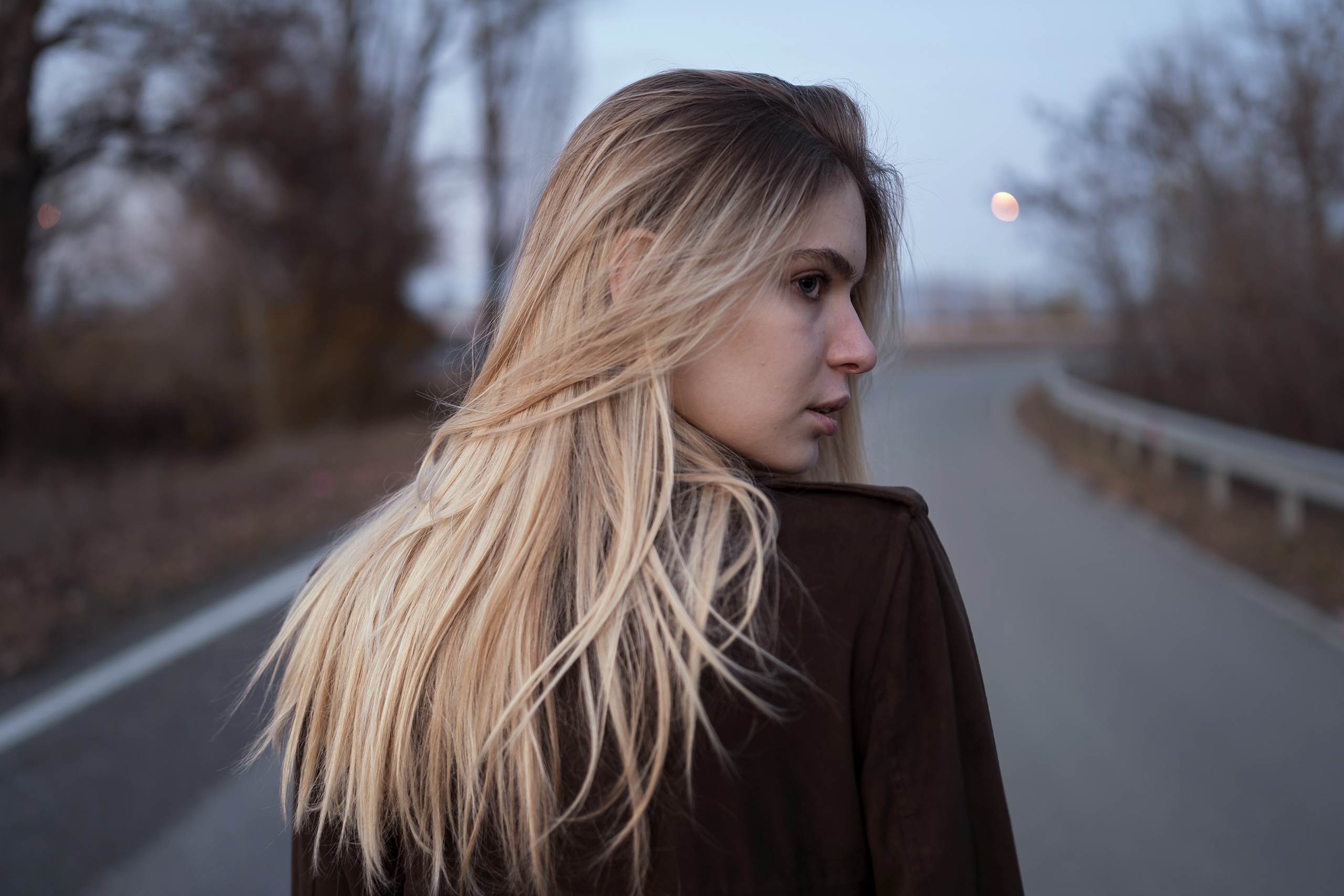 Women Model Blonde Straight Hair Long Hair Back Profile Looking Away Coats Brown Coat Road Depth Of  2560x1707