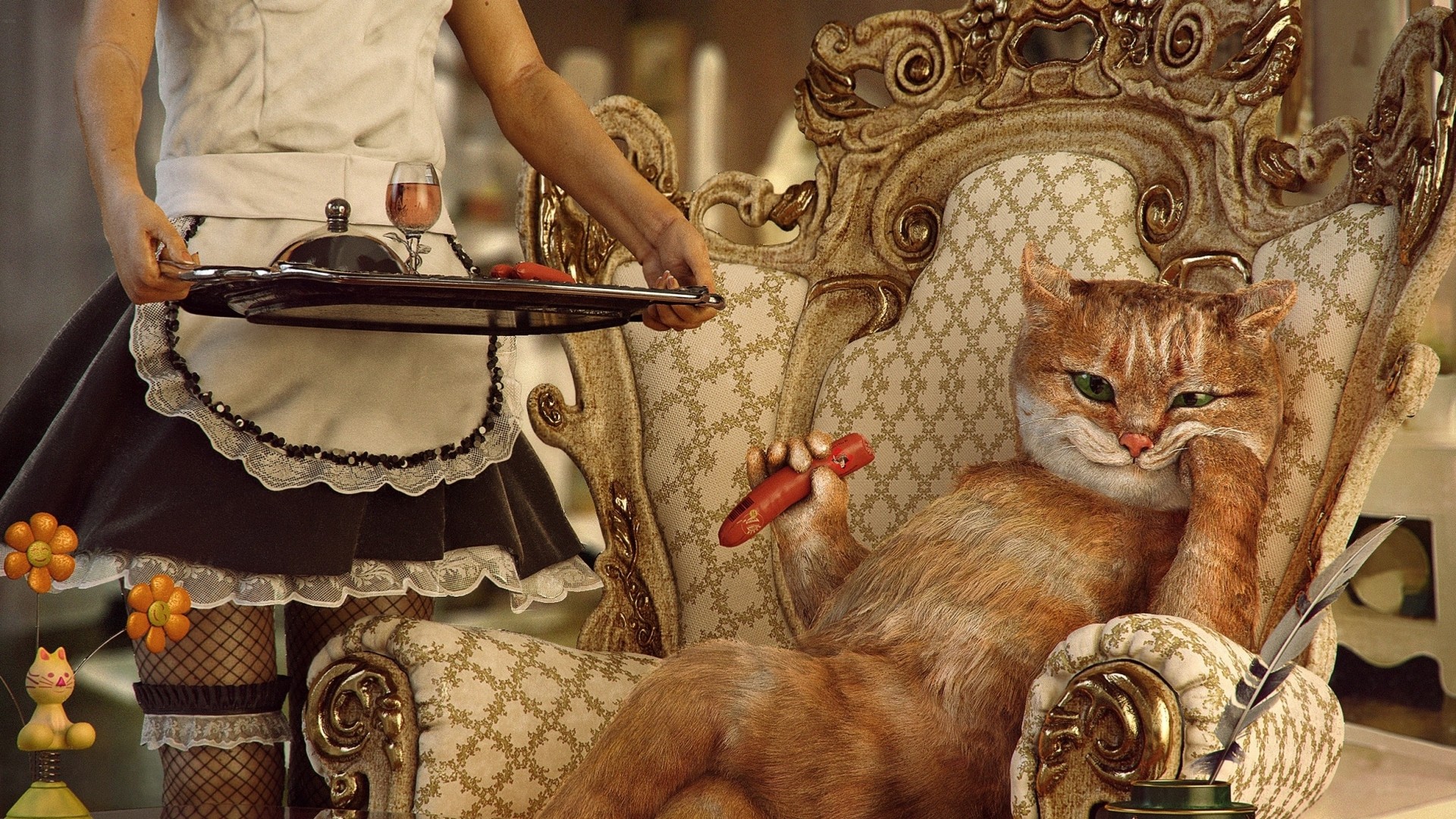 Animals Digital Art Cats Wealth Women Maid Skirt Chair Food Drink Humor Photo Manipulation Sausage F 1920x1080