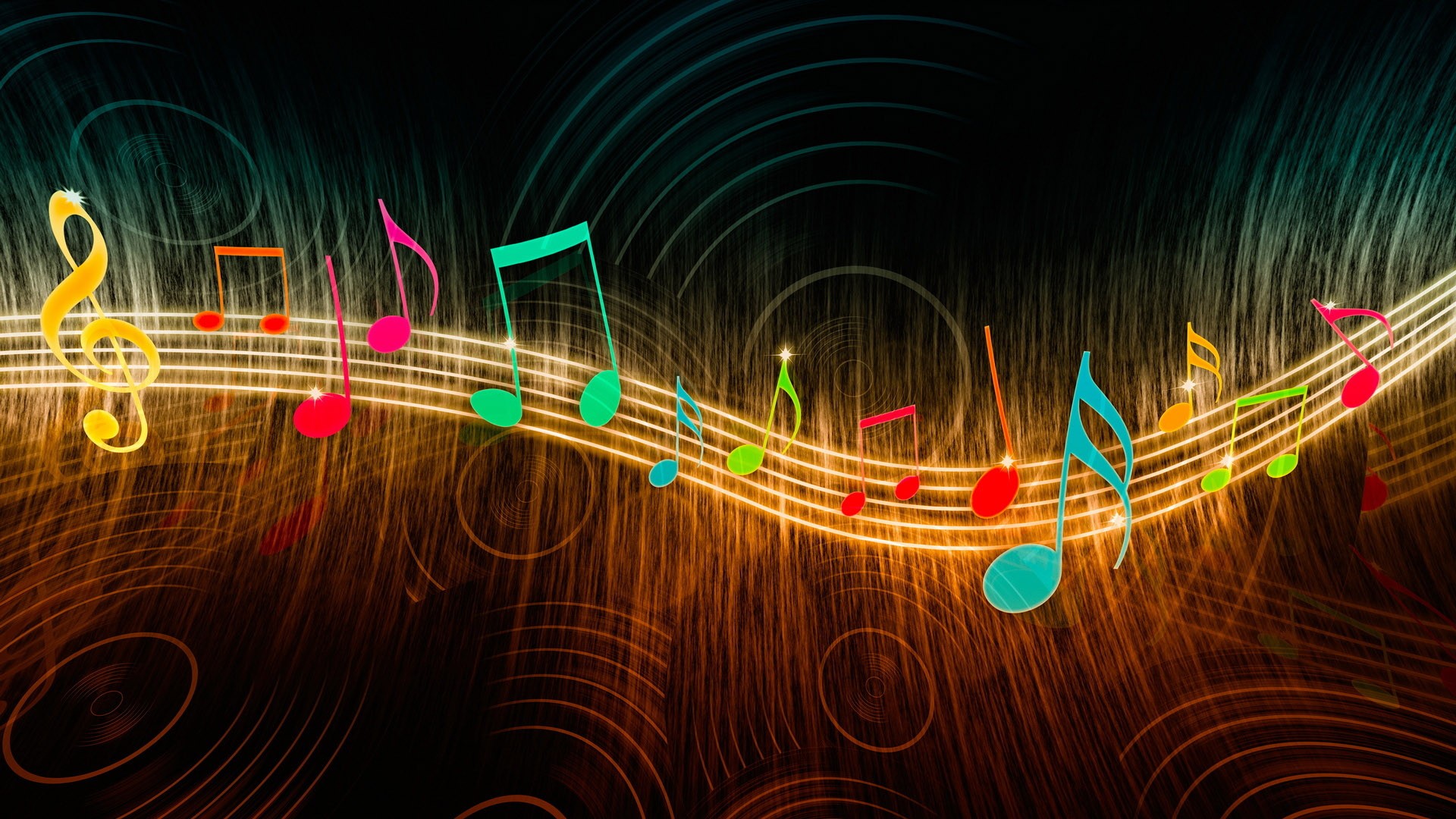 Digital Art Music Musical Notes Wavy Lines Circle Colorful Glowing Treble Clef 1920x1080
