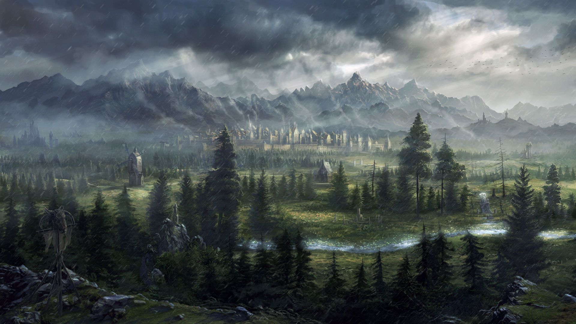 Digital Art Fantasy Art Total War Warhammer Trees Pine Trees Nature Landscape Mountains Clouds Rain  1920x1080