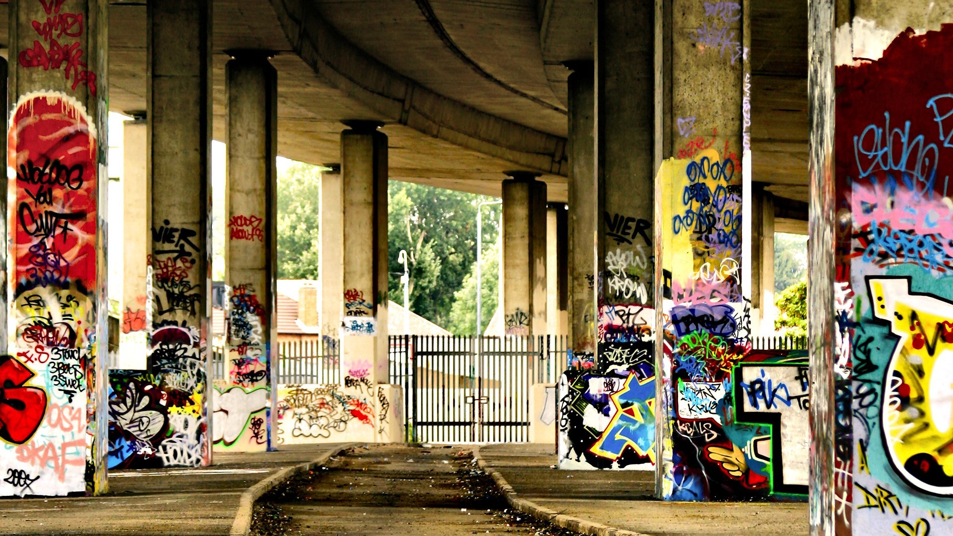 Graffiti Urban Outdoors Pillar Under Bridge Fence Colorful Concrete 1920x1080