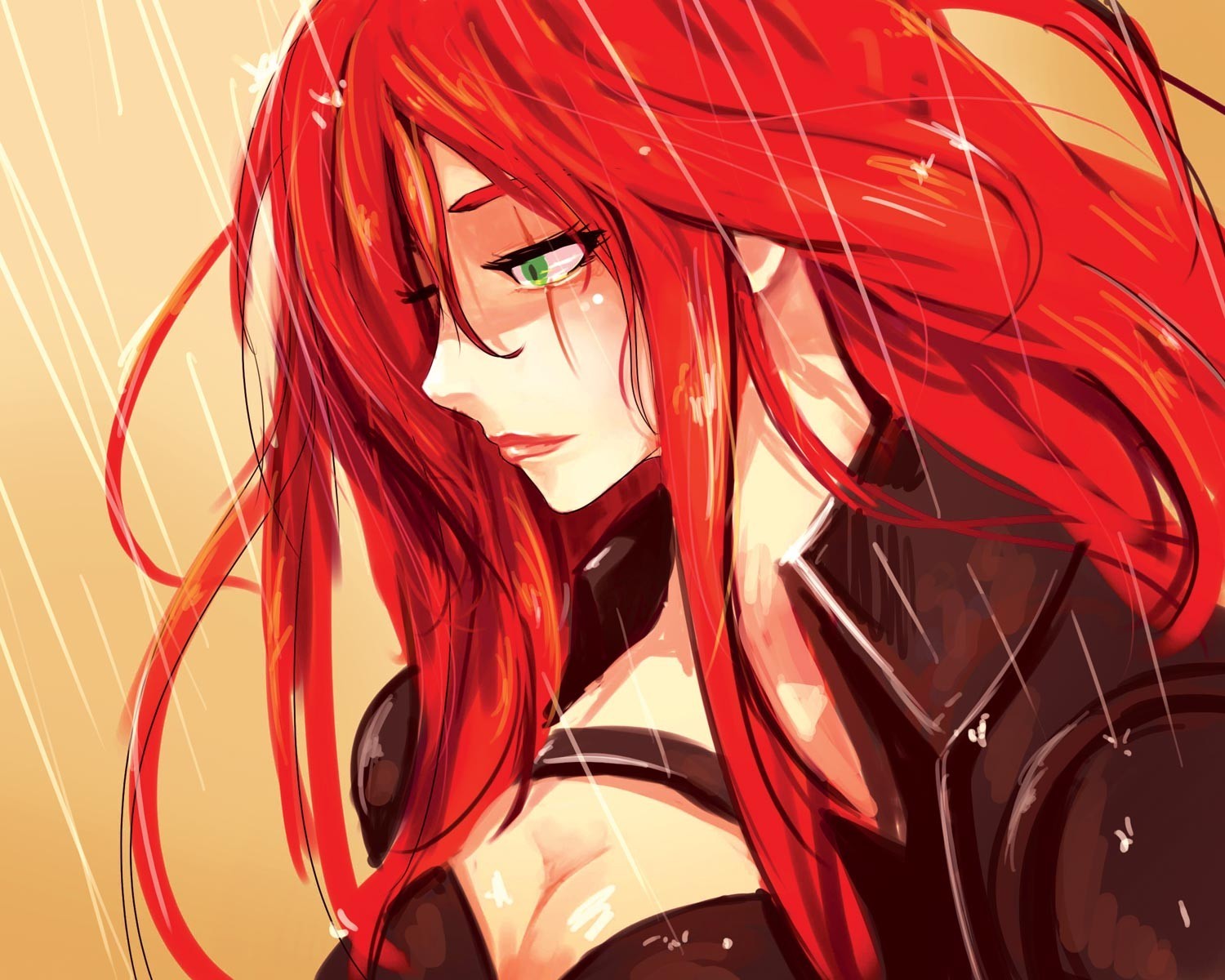 League Of Legends Katarina Scars Redhead Green Eyes Long Hair Face Video Games Rain Artwork Anime Gi 1500x1200