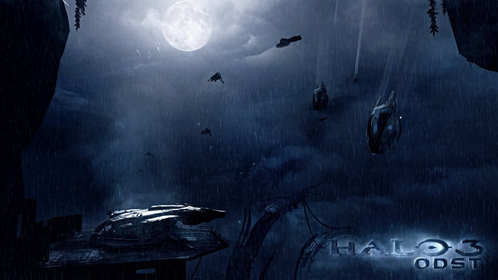 Video Games Halo Halo 3 ODST Rain Night Moon ODST Banshee Halo Pelican Halo Covenant 1600x900