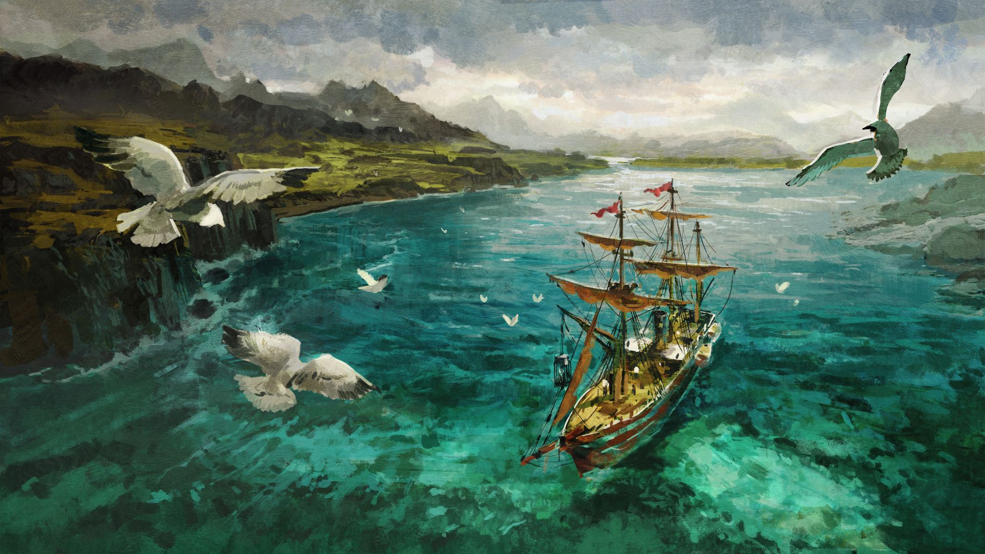 Anno 1800 Artwork Concept Art Ship Sailing Ship Water Birds 1920x1080