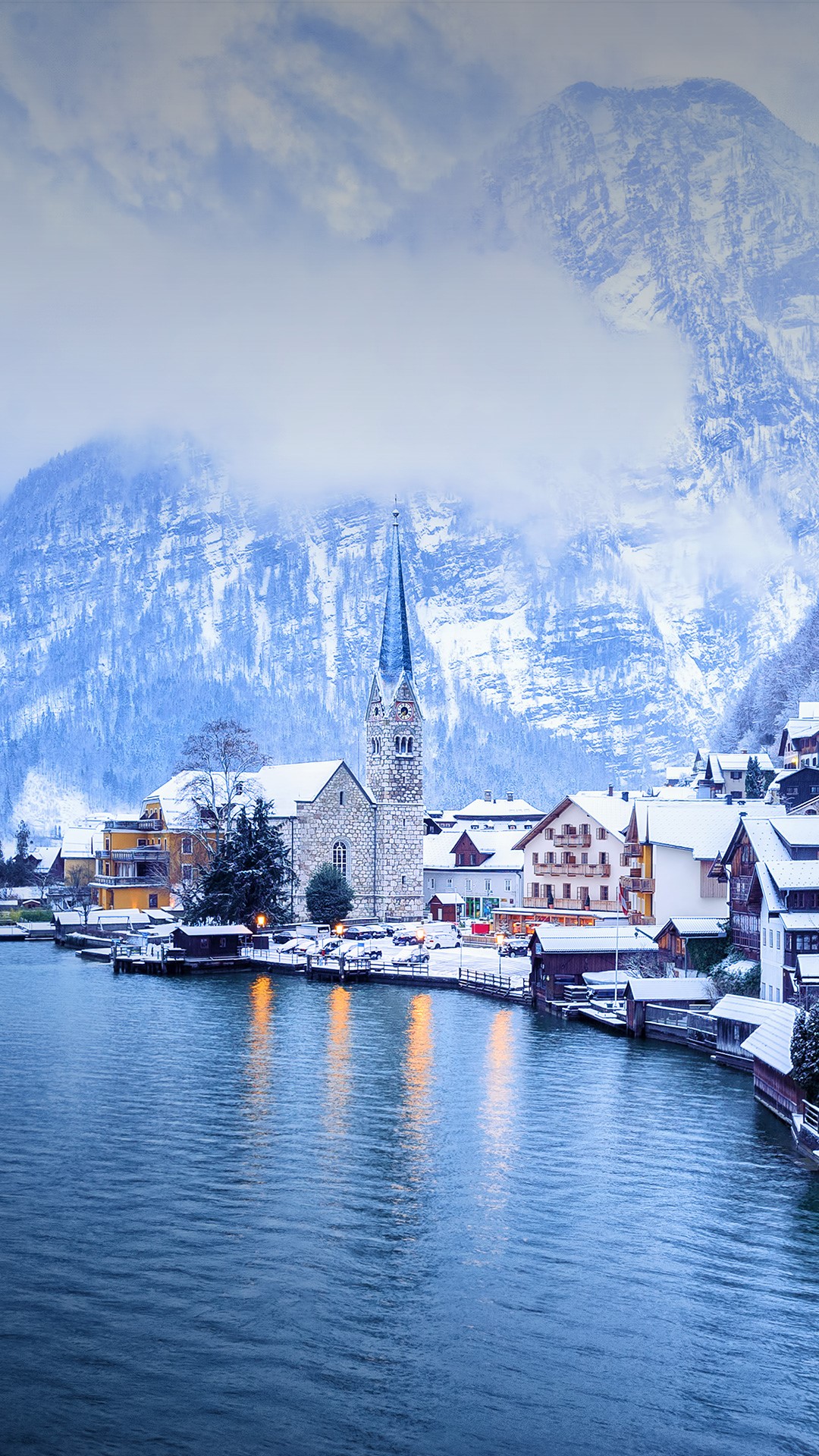 Hallstatt Austria Landscape Snow Winter Mountains River Snowy Mountain Tower 1080x1920