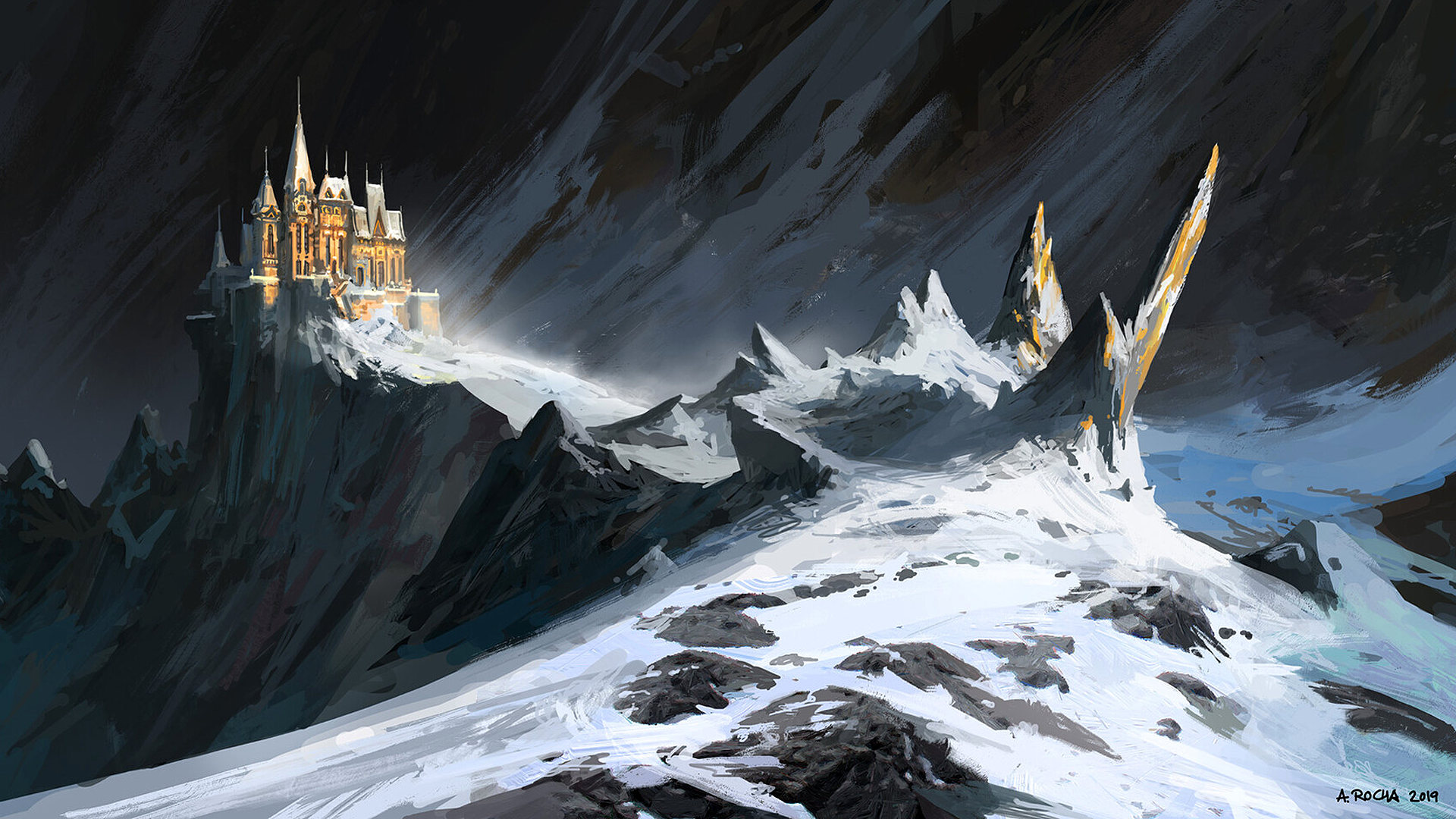 Andreas Rocha Artwork Digital Art Castle Mountains Snow Stone Night Landscape 1920x1080