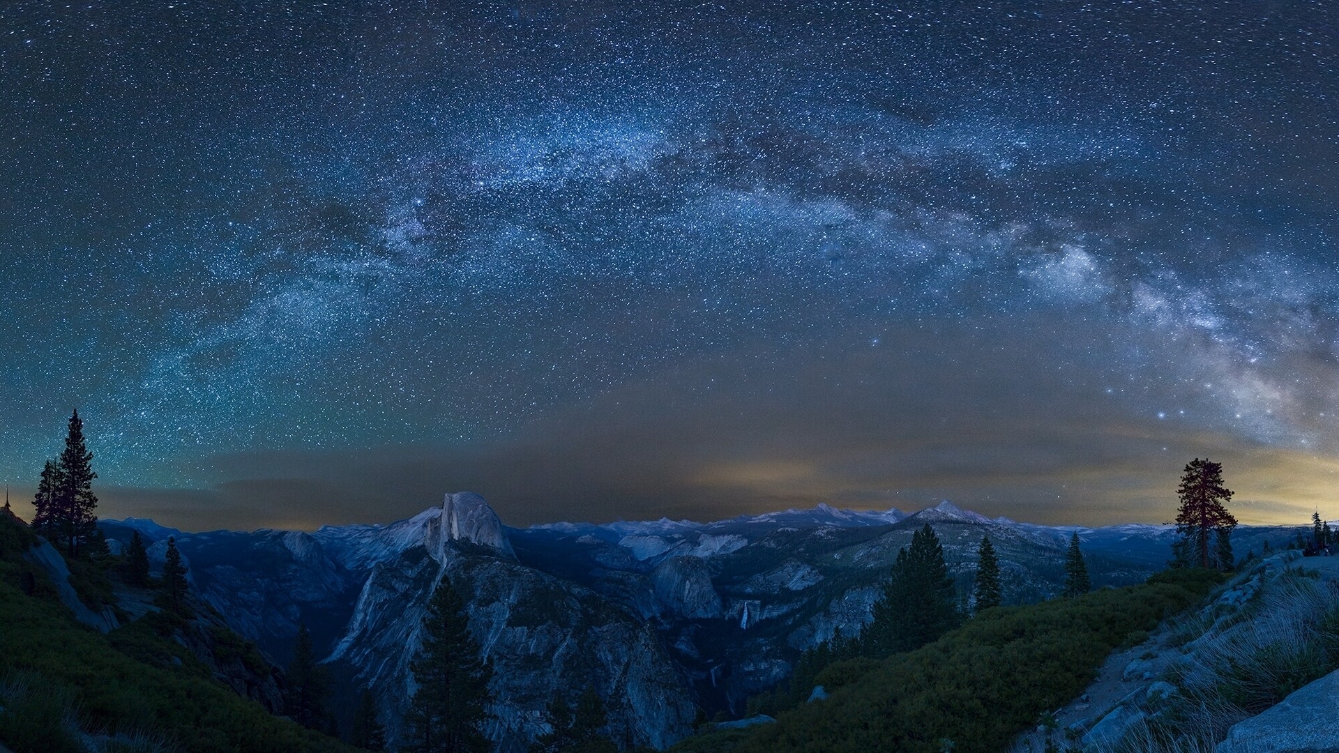 Night Trees Nature Landscape Yosemite National Park Milky Way USA Half Dome Mountains Stars Rock For 1920x1080