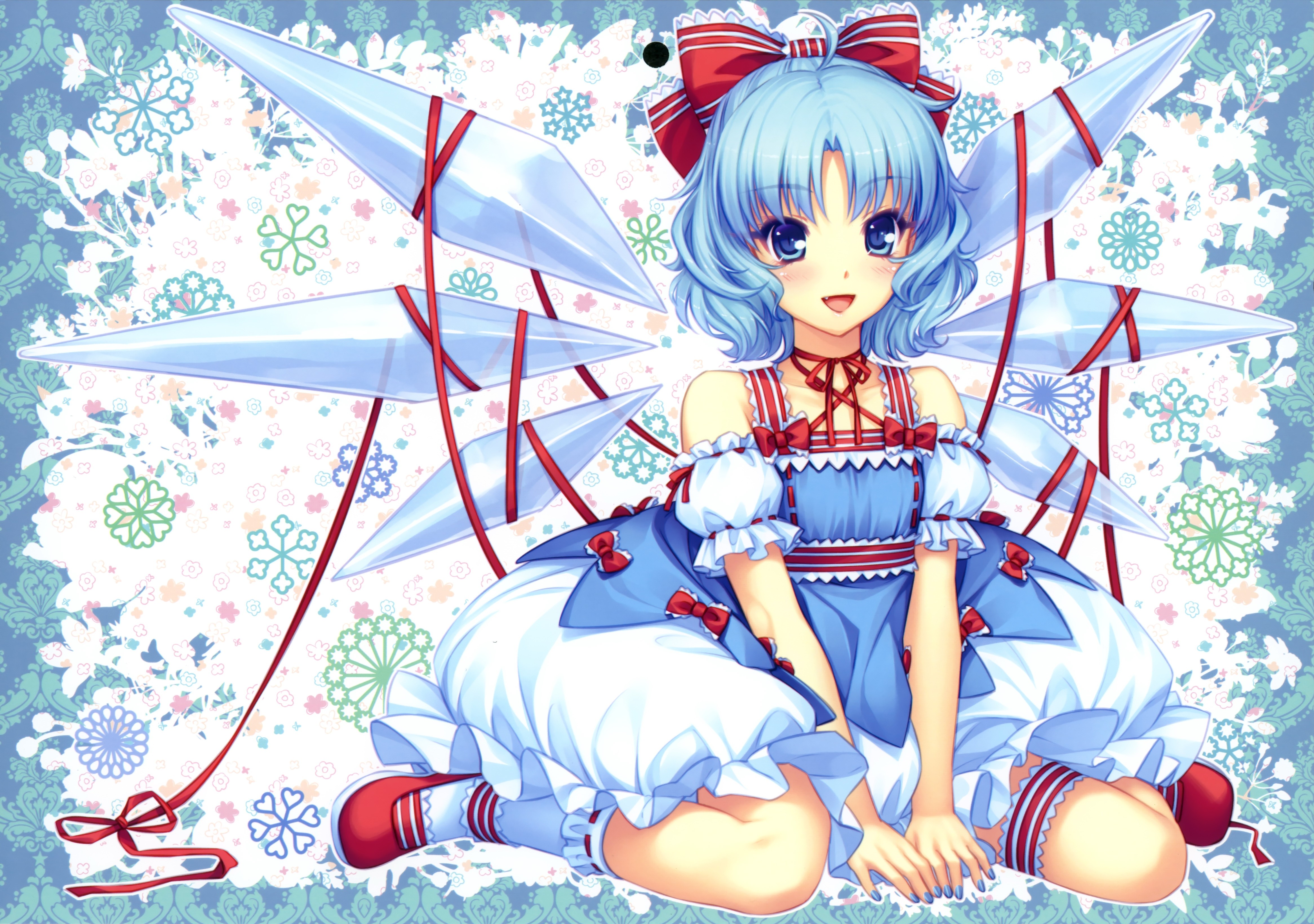 Touhou Video Games Anime Girls Short Hair Bangs Sayori Cirno Fairies Blue Blue Eyes Blue Hair Ribbon 4664x3279