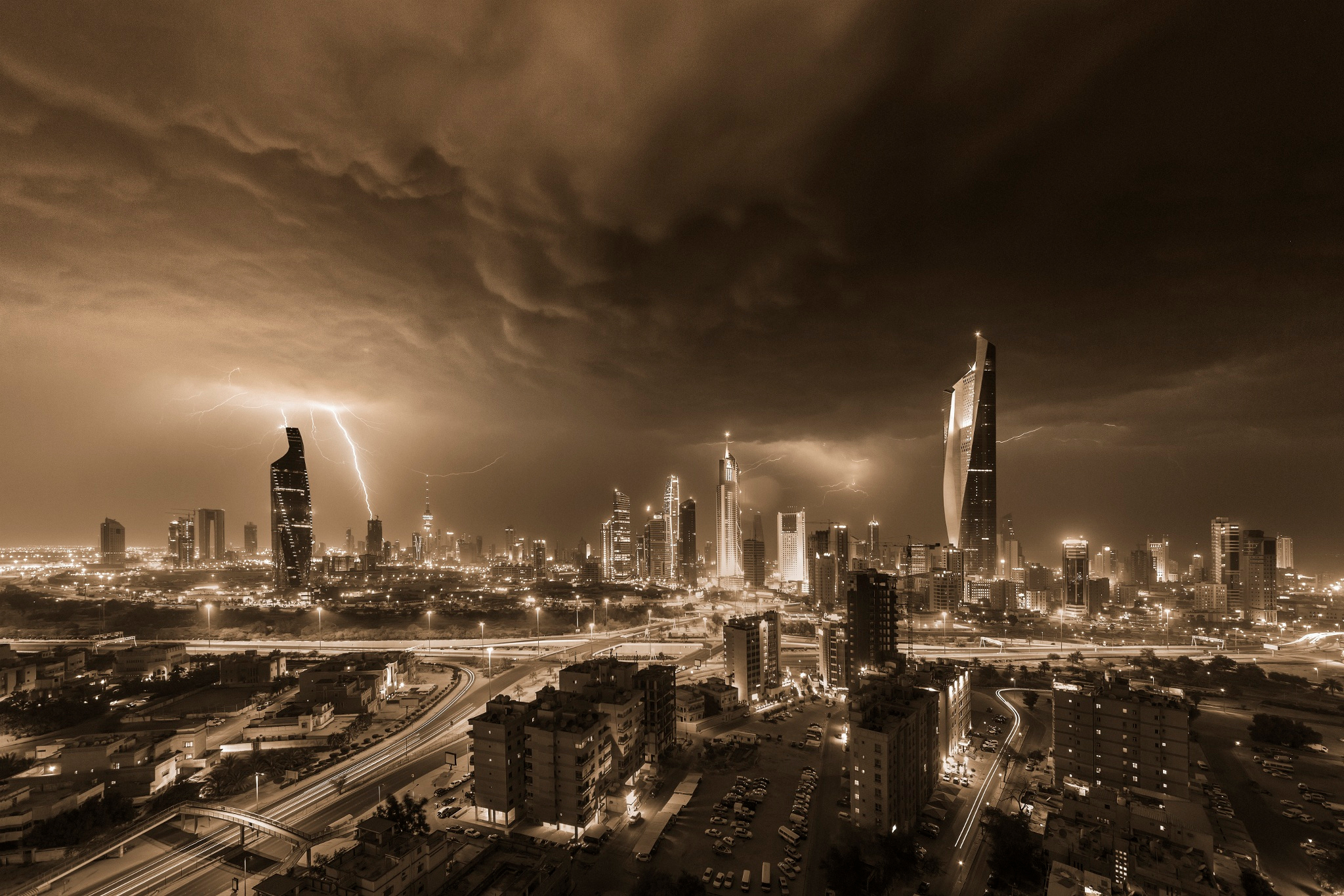 Architecture Building City Cityscape Clouds Kuwait City Storm Lightning Skyscraper Monochrome Sepia  2048x1366