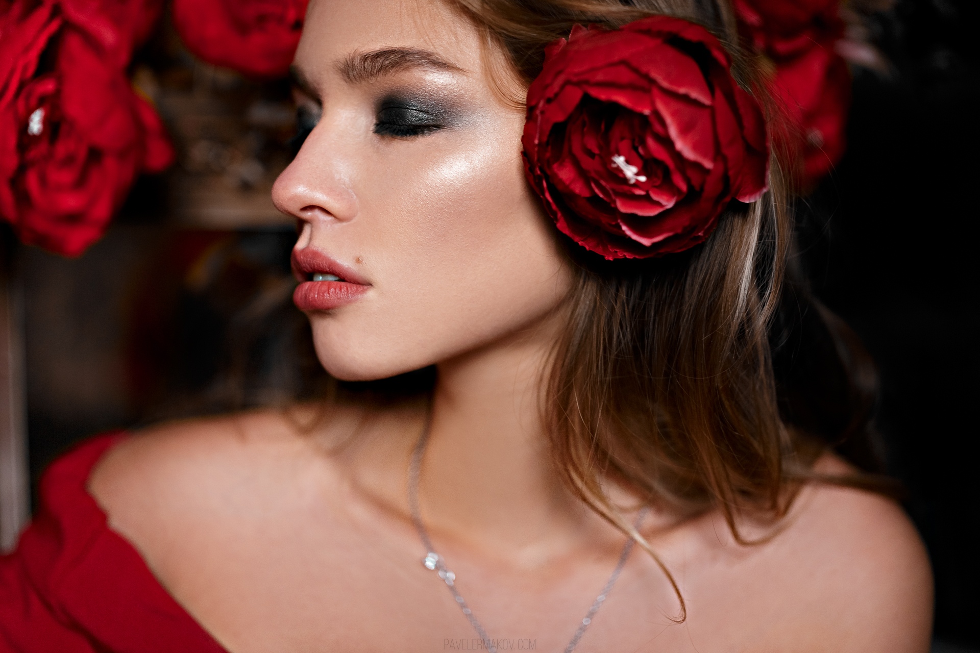 Pavel Ermakov Women Portrait Red Bare Shoulders Moles Make Up Eyeshadow Lipstick Flower In Hair Rose 1920x1280