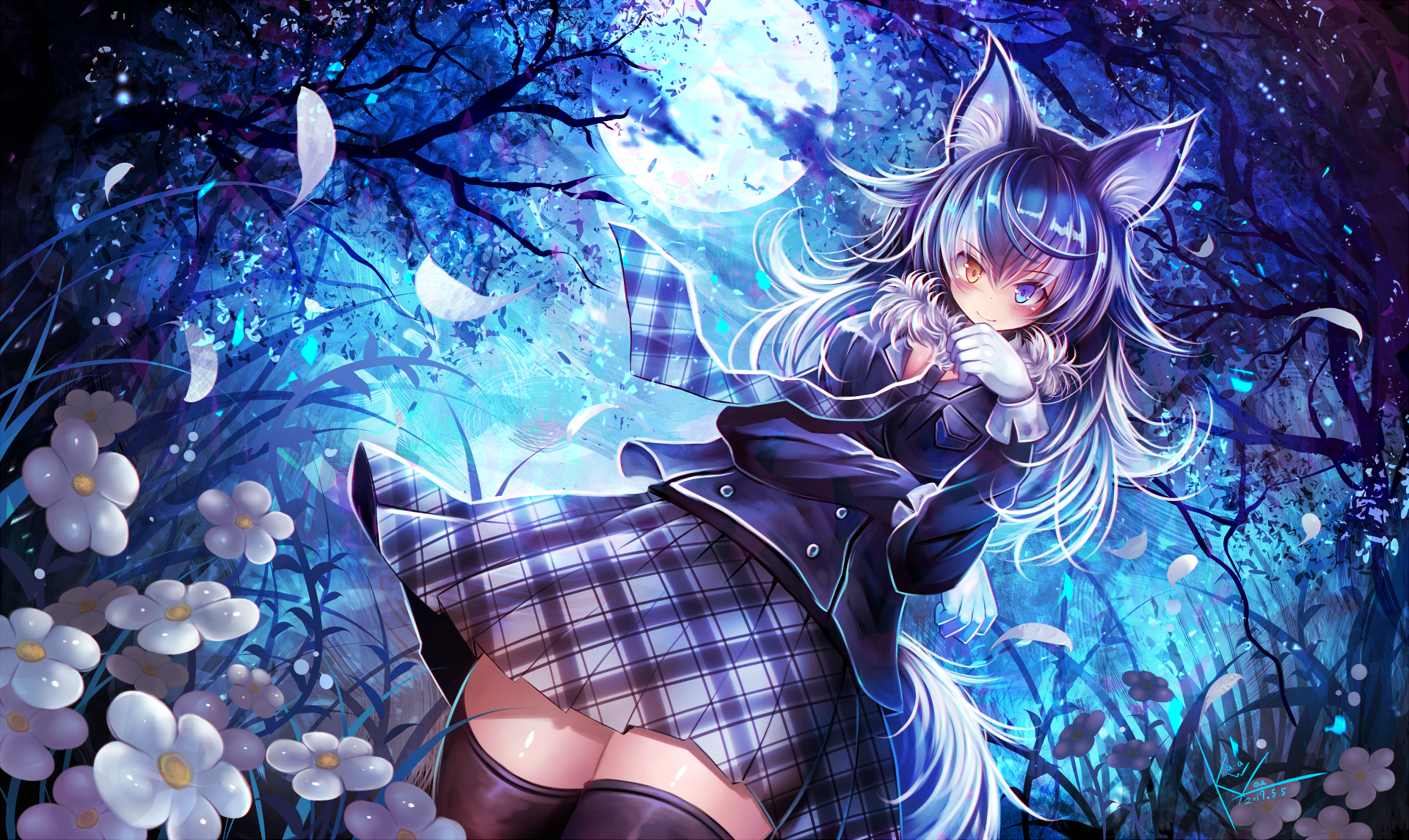 Grey Wolf Kemono Friends Girl Night Moon Skirt Animal Ears Heterochromia Blush 1920x1145