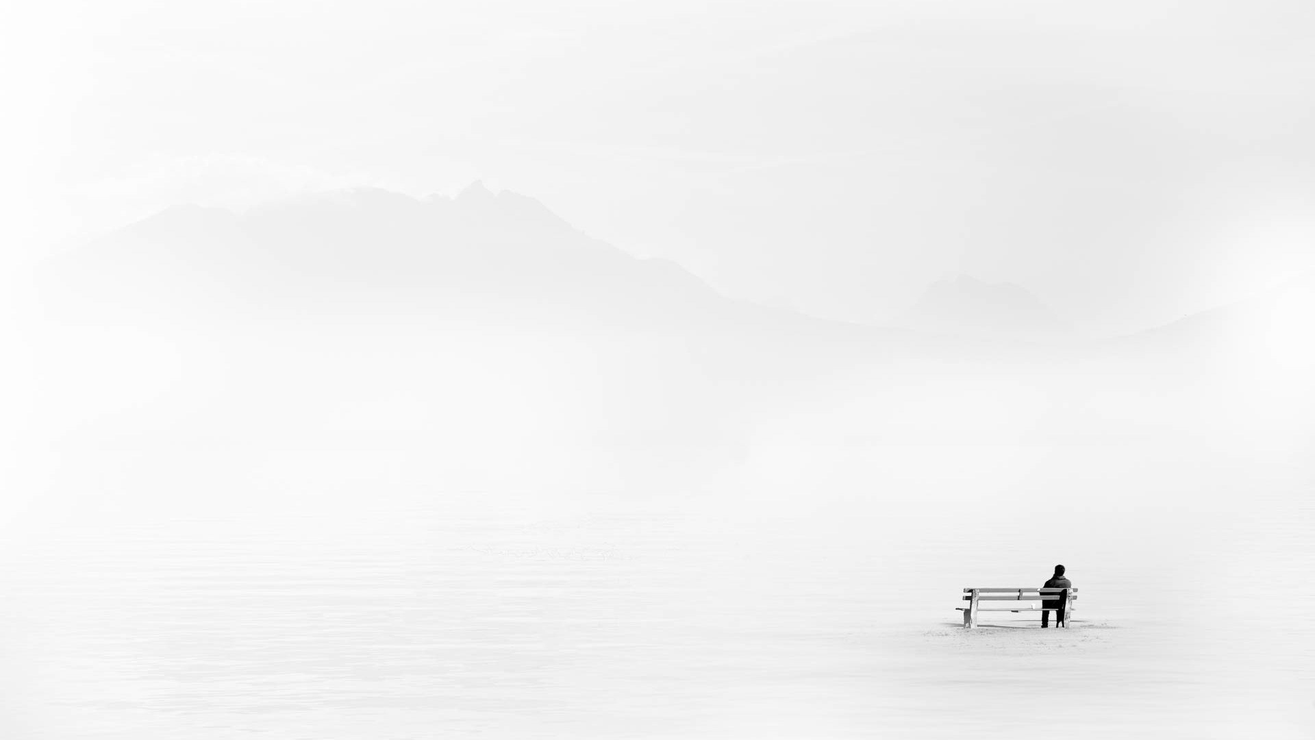 Nature Landscape Winter Snow Minimalism Men Sitting Bench Rear View White Background Silhouette Moun 1920x1080