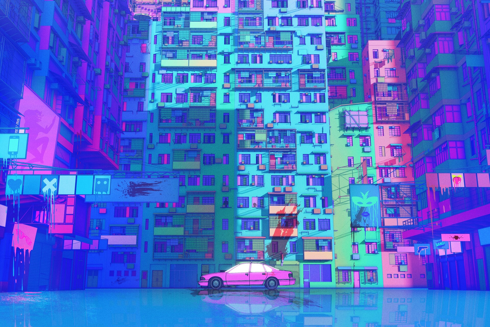 Artwork Car Vehicle Building City Cityscape Cyan Love Death Robots Pastel Pink Neon 1920x1280
