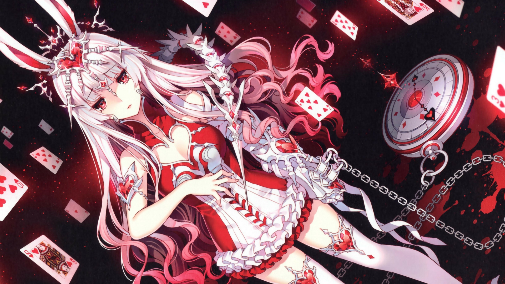 Anime Anime Girls Bunny Ears White Hair Red Eyes Long Hair Cards Pocket Watch Chains Red Dress 1920x1080