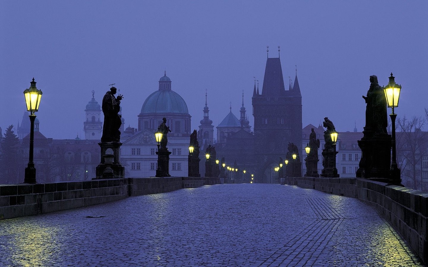 Prague Czech Republic Charles Bridge Dusk Street Light Statue Violet 1440x900