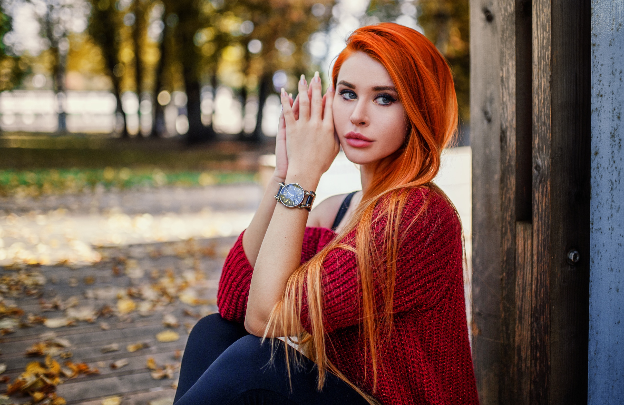 Dana Bounty Redhead Long Hair Portrait Looking Away Outdoors Model Women Watch Sweater Pants Painted 2560x1661