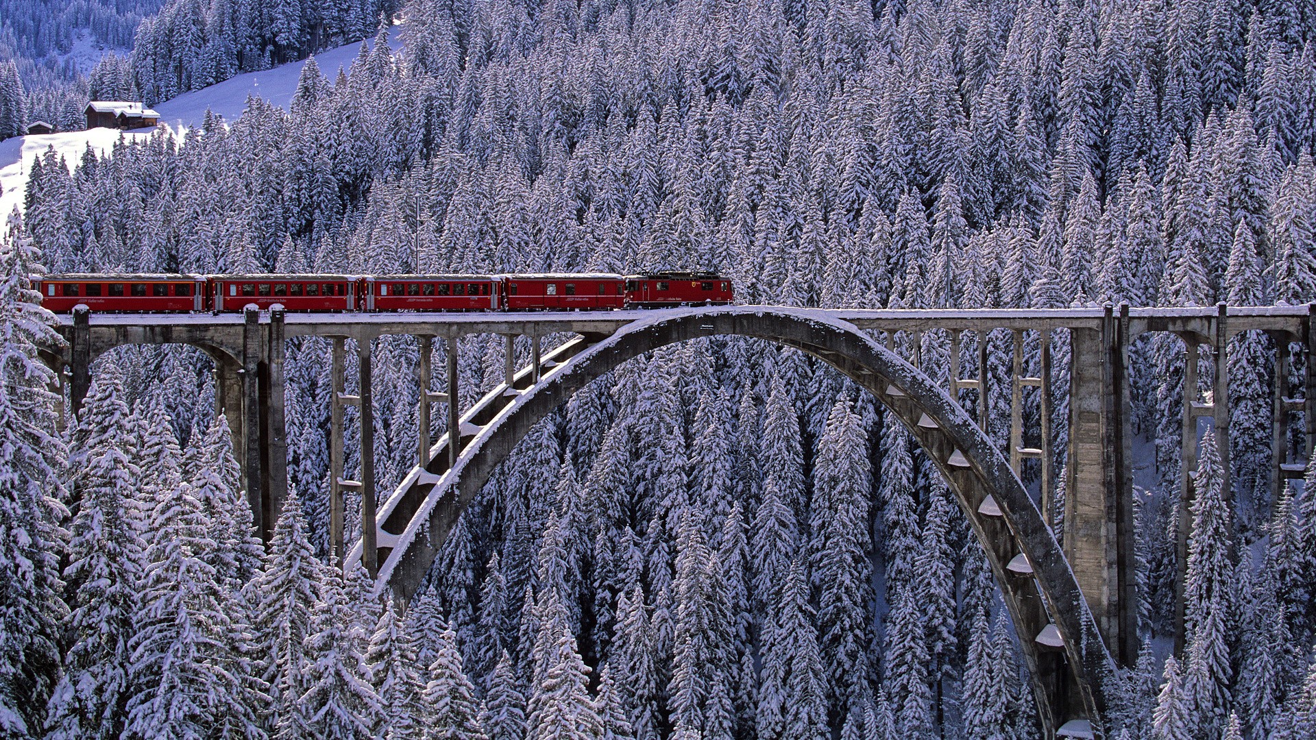 Arosa Express Landscape Bridge House Snow Winter Switzerland Arosa Electric Locomotives Locomotive 1920x1080